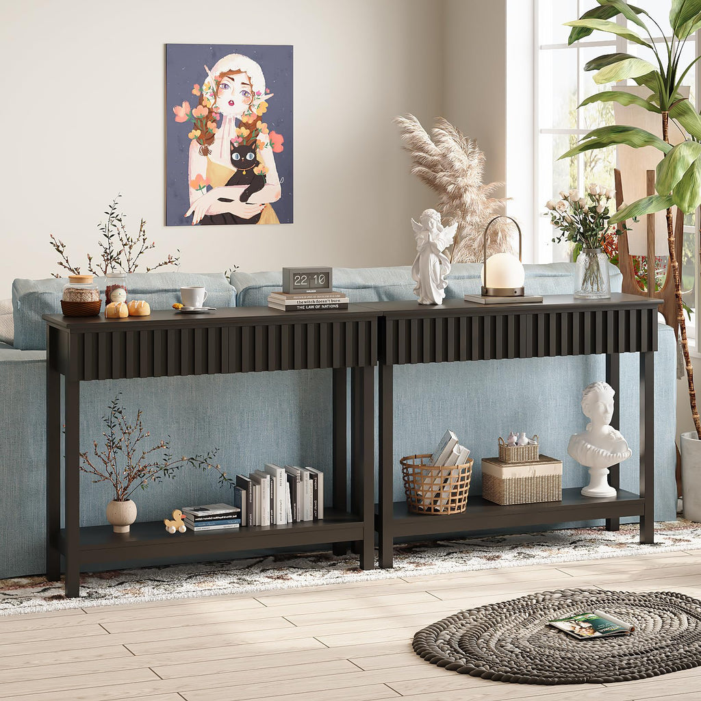 Trironsun Narrow Fluted Console Table with 2 Drawers and Open Shelf Modern Painted Wood Sofa Table for Hallway, Living Room or Behind Couch Black - image 3