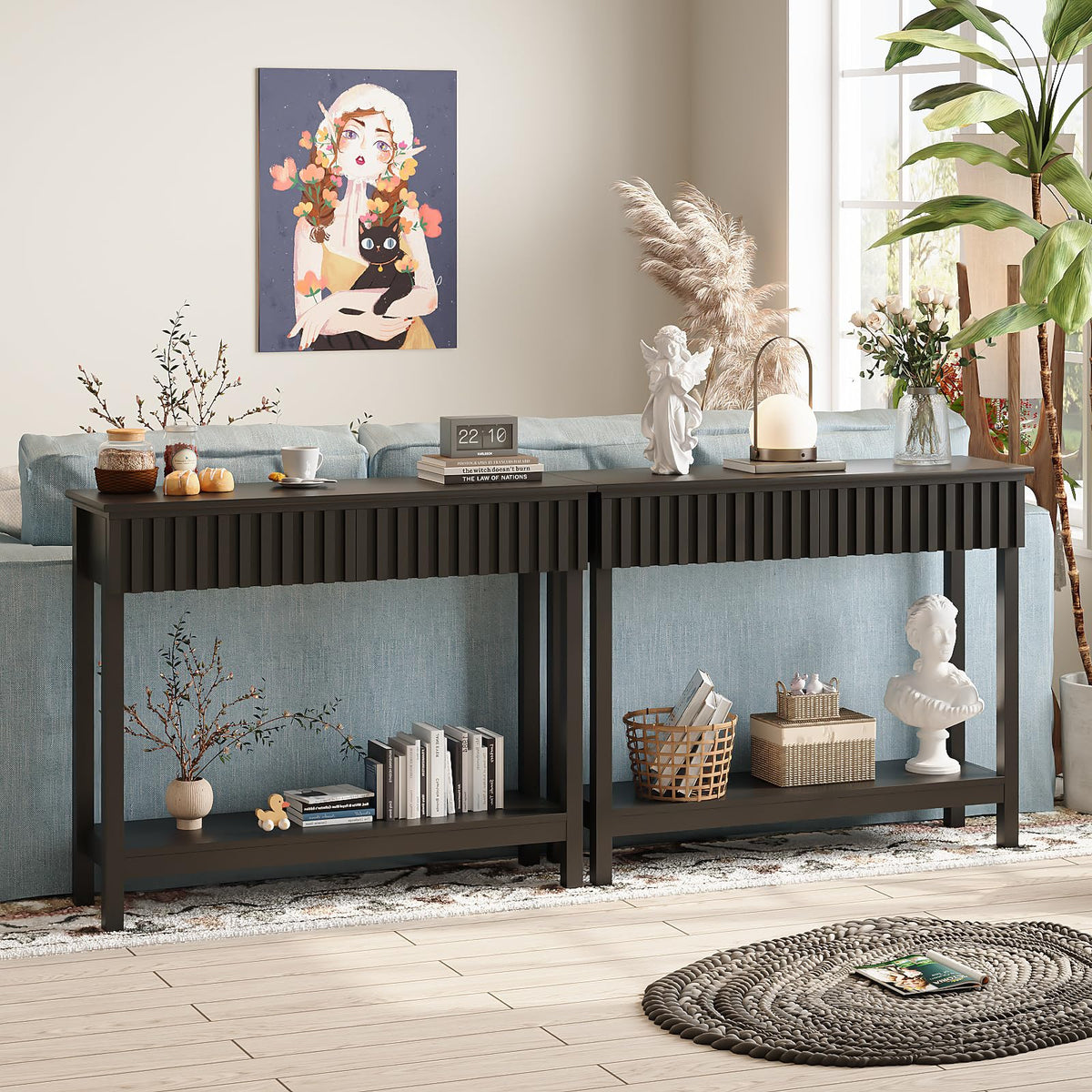 Trironsun Narrow Fluted Console Table with 2 Drawers and Open Shelf Modern Painted Wood Sofa Table for Hallway, Living Room or Behind Couch Black - image 3