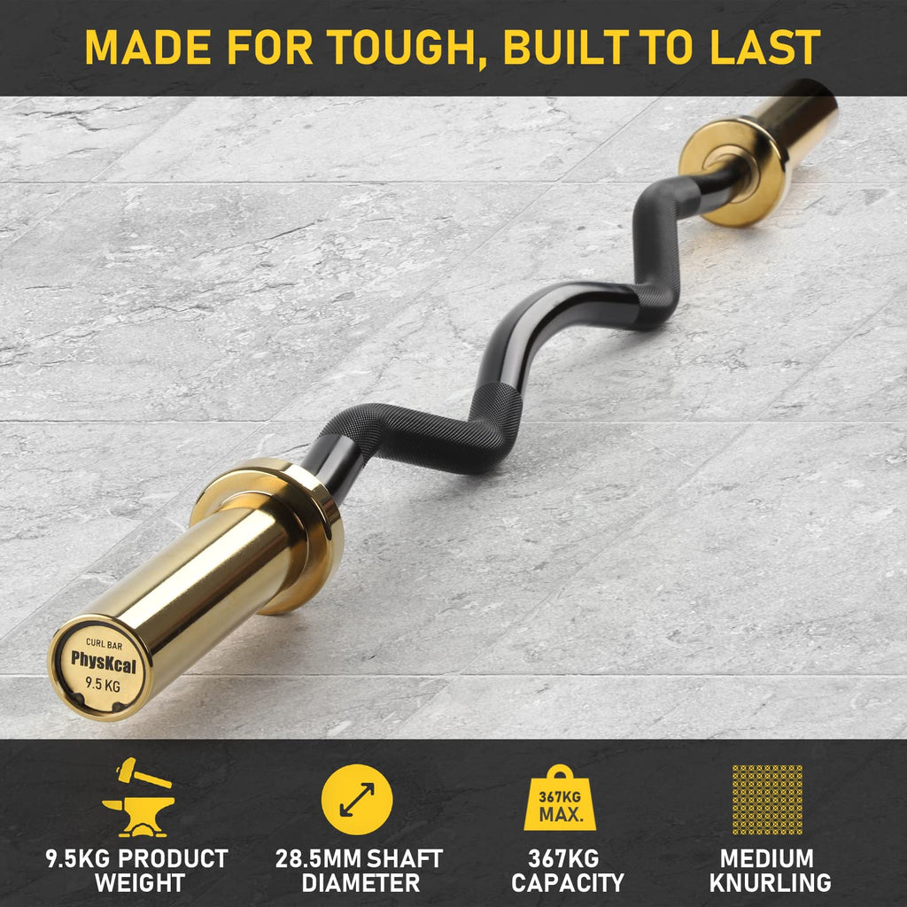PhysKcal 1.2m Super EZ Curl Olympic Bar for 50mm Plates - Gold & Black