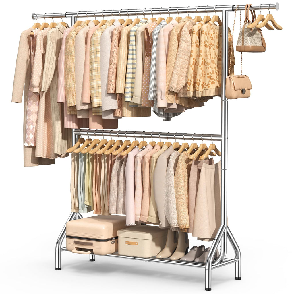 EAGMAK Double Clothes Rail Heavy Duty Load 280 KG, with Shelves, Silver - image 1