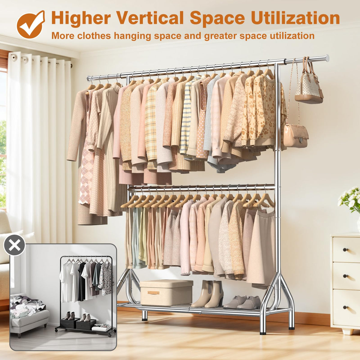 EAGMAK Double Clothes Rail Heavy Duty Load 280 KG, with Shelves, Silver - image 5