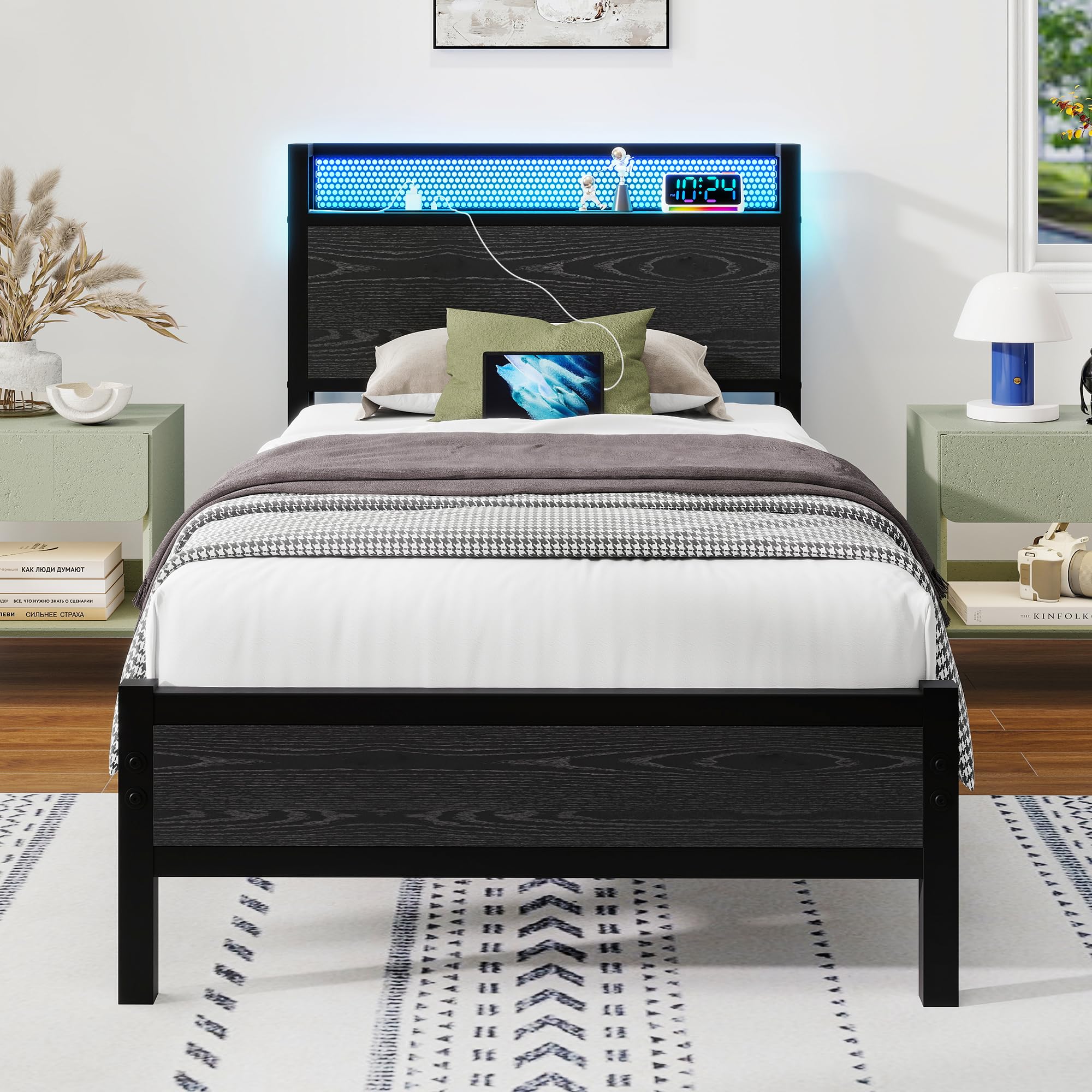 Diahomy 3ft Single Bed Frame with LED Lights, Charging Headboard & Storage