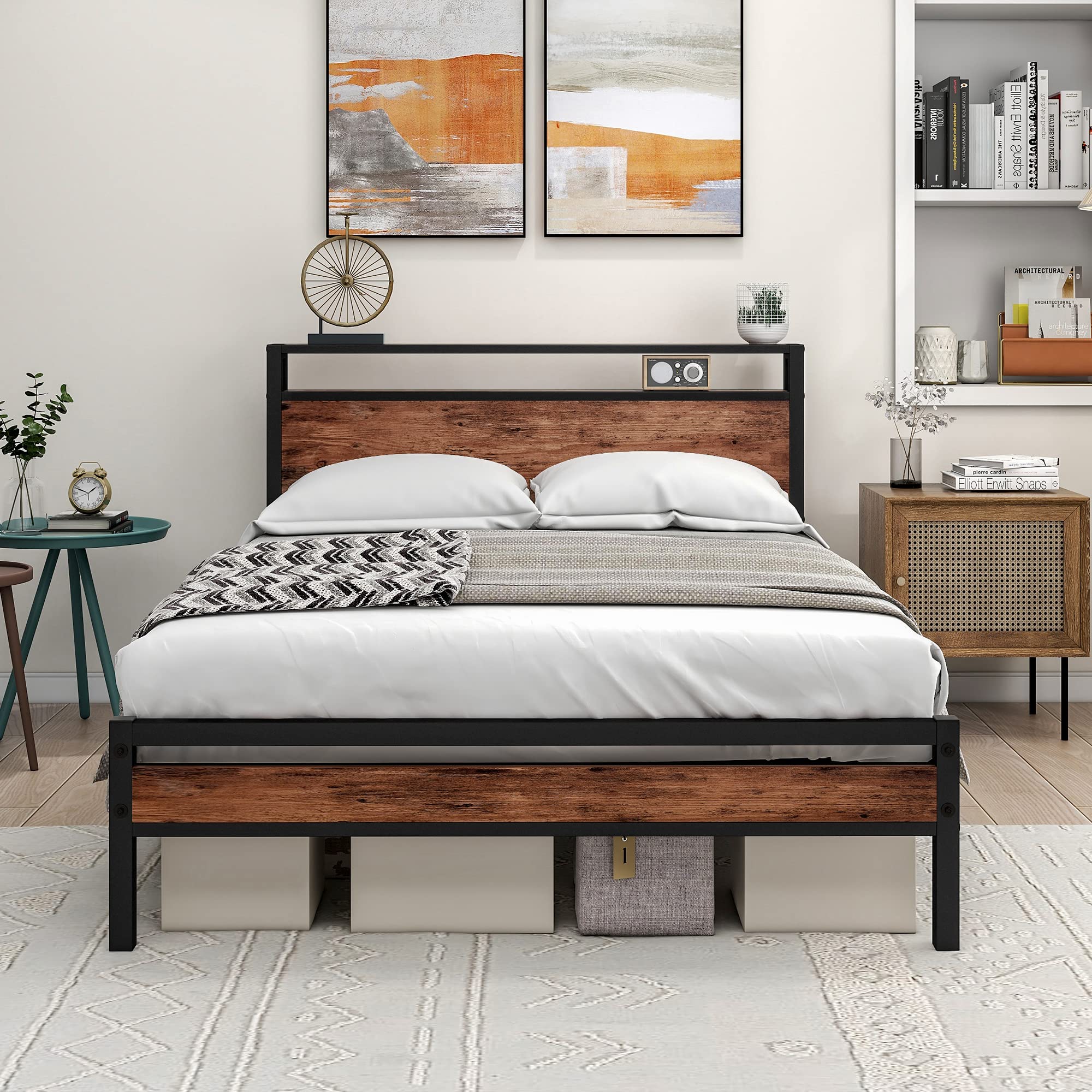 HOJINLINERO Double Metal Platform Bed Frame with Storage Headboard