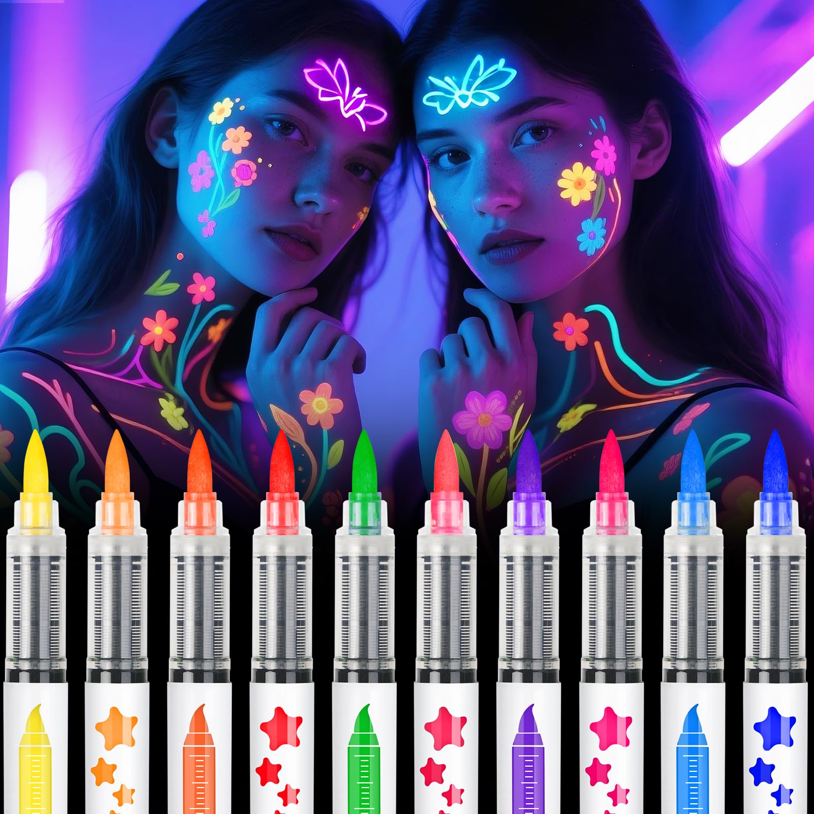 nsxsu Glow in the Dark Face Paint Pens - 10 Color UV Neon Body Markers