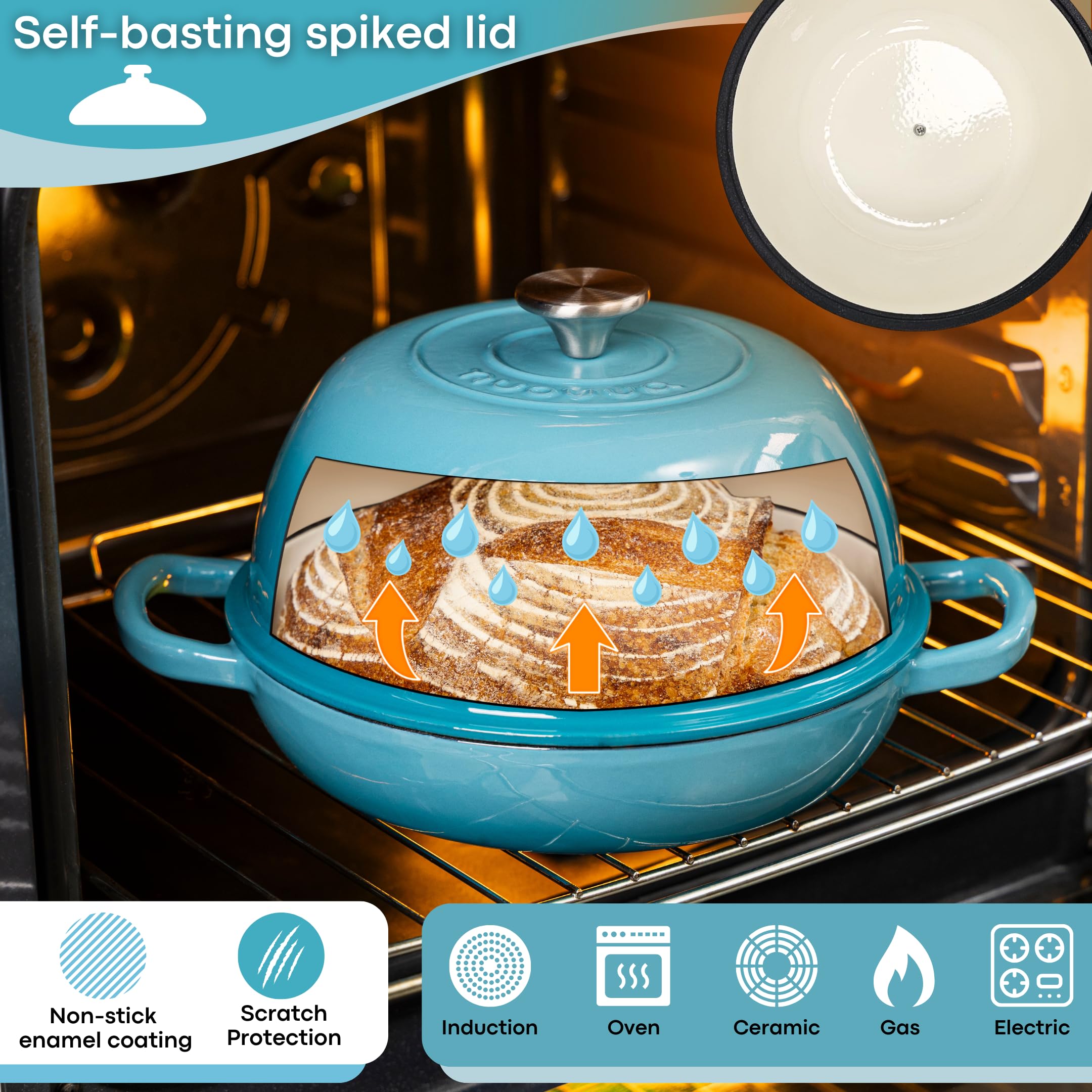 Nuovva Enamelled Cast Iron Dutch Oven for Sourdough Bread, Blue, 6 Quart
