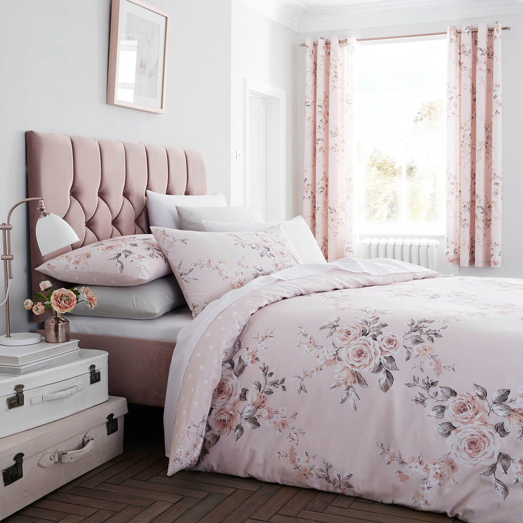 Catherine Lansfield Canterbury Floral Eyelet Curtains – Blush Pink