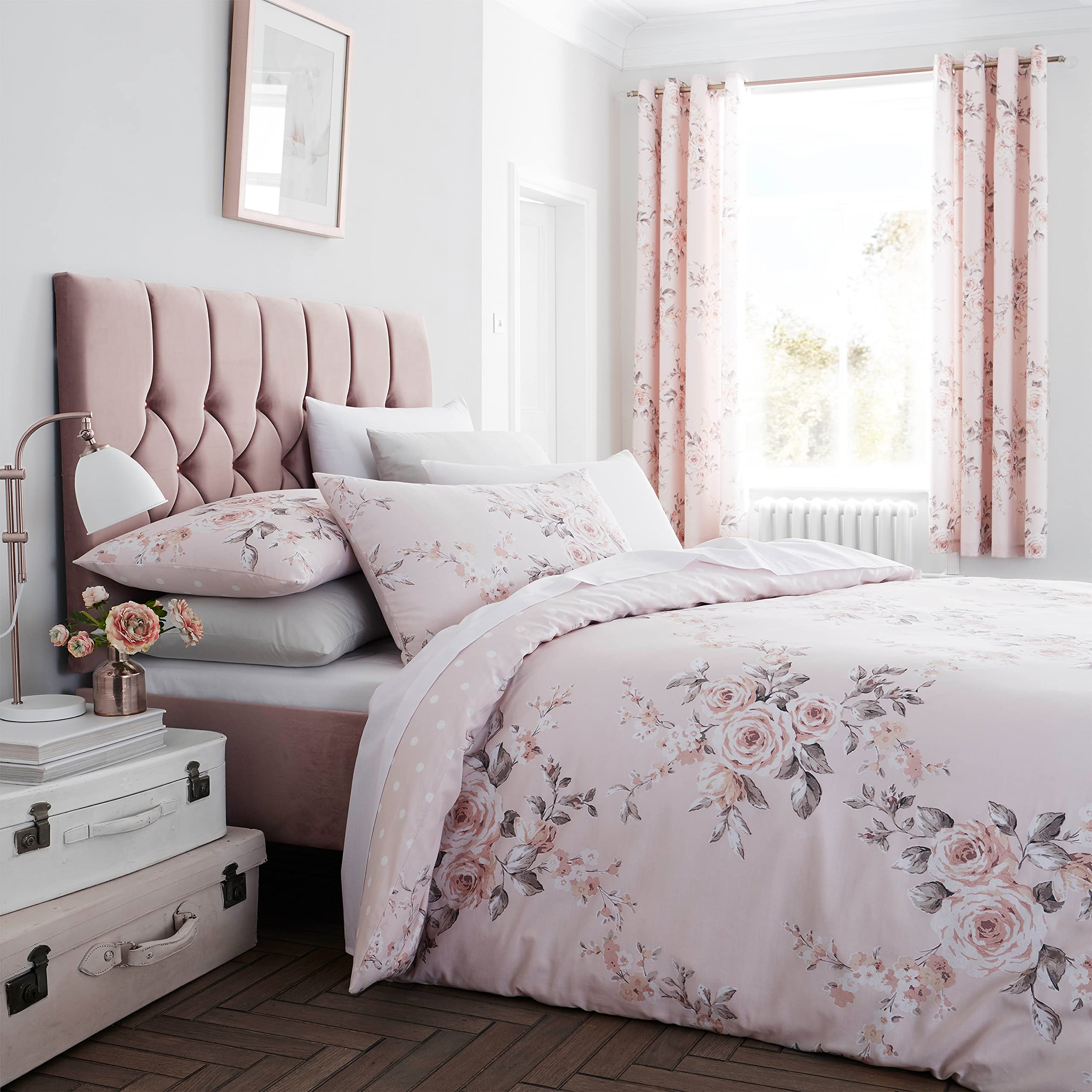 Catherine Lansfield Canterbury Floral Eyelet Curtains – Blush Pink