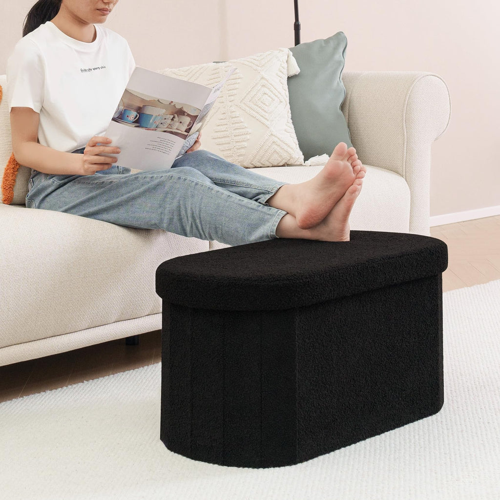 Bonlife Folding Boucle Storage Ottoman Bench | Oval Footstool - Black