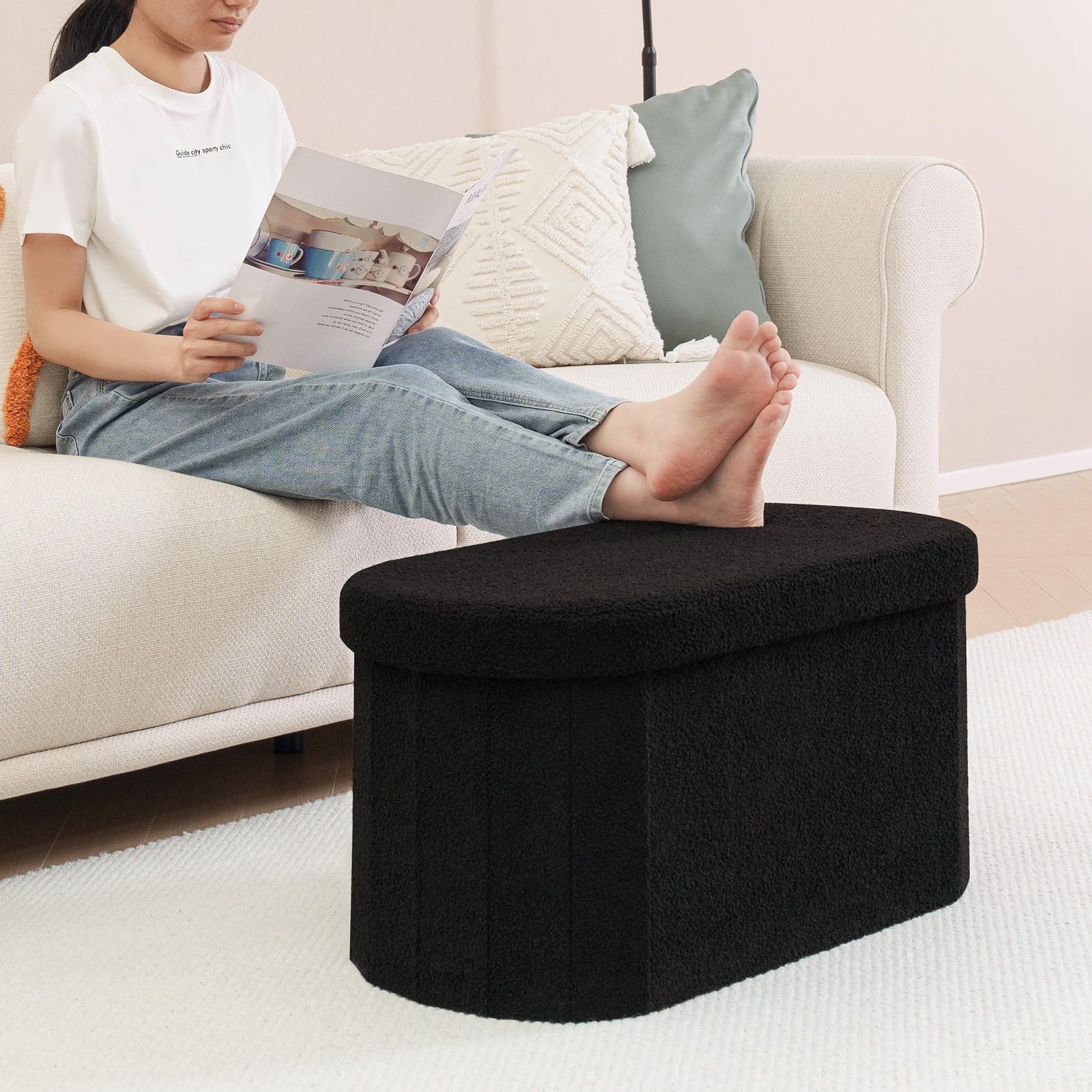 Bonlife Folding Boucle Storage Ottoman Bench | Oval Footstool - Black