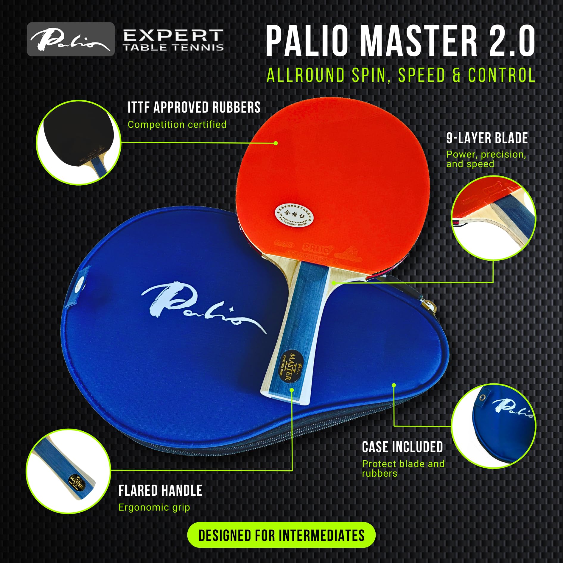 Palio Master 2.0 Table Tennis Bat – ITTF Approved Ping Pong Racket & Case