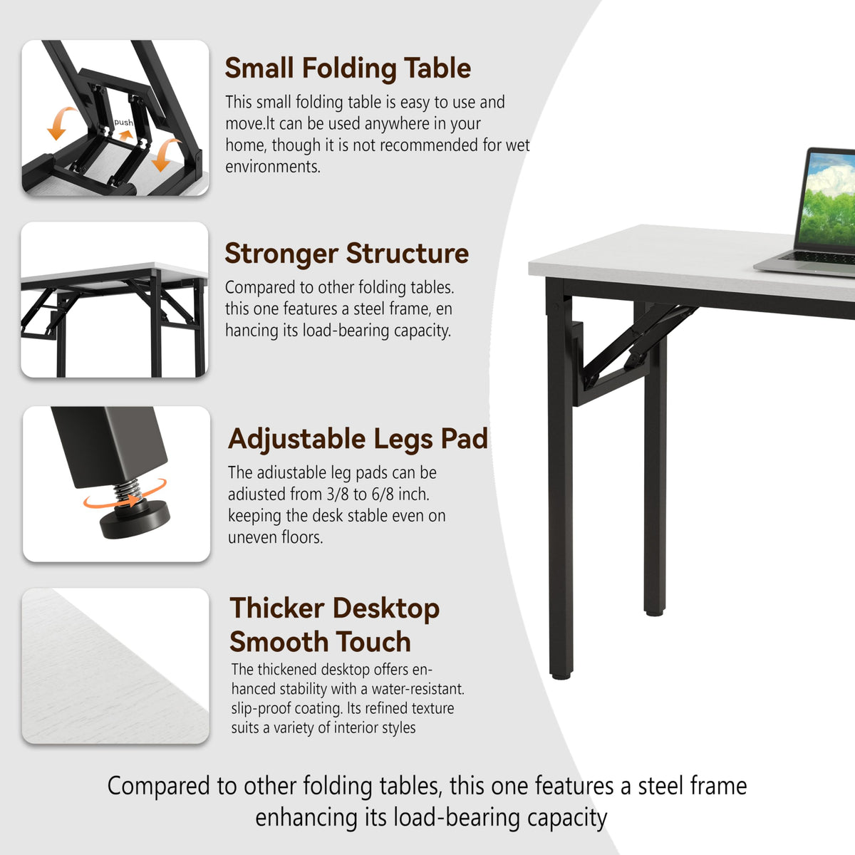 Xyphren Small Folding Desk, No Assembly- 80x40cm Folding Computer Desk, Perfect Office Desk for Small Spaces in Bedroom,Outside - image 3