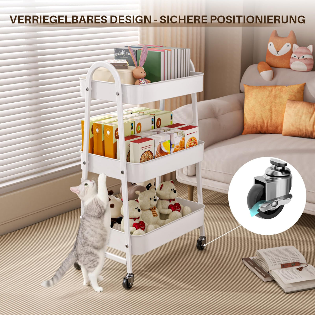 StowBin 3 Tier Metal Rolling Cart Kitchen Storage Cart with Wheels Serving Cart for Living Room Bathroom Office Bedroom White - image 3