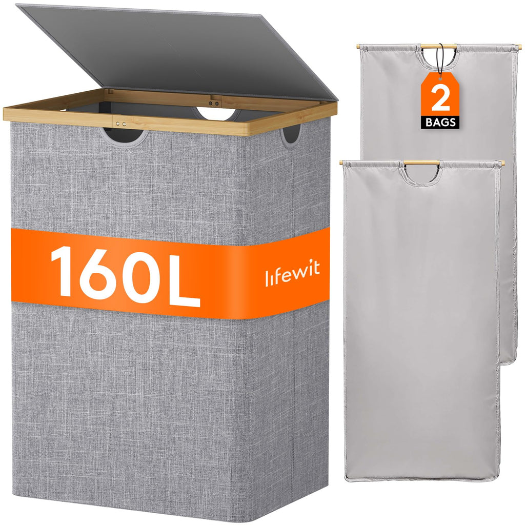 Lifewit 160L Bamboo Laundry Basket with Lid | 2-Section Folding Hamper