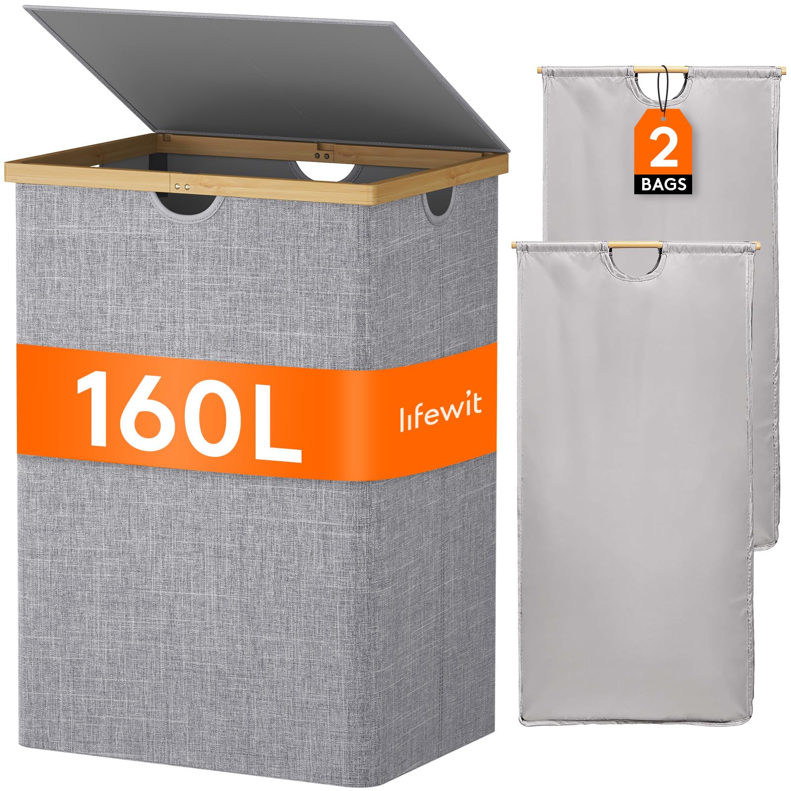 Lifewit 160L Bamboo Laundry Basket with Lid | 2-Section Folding Hamper