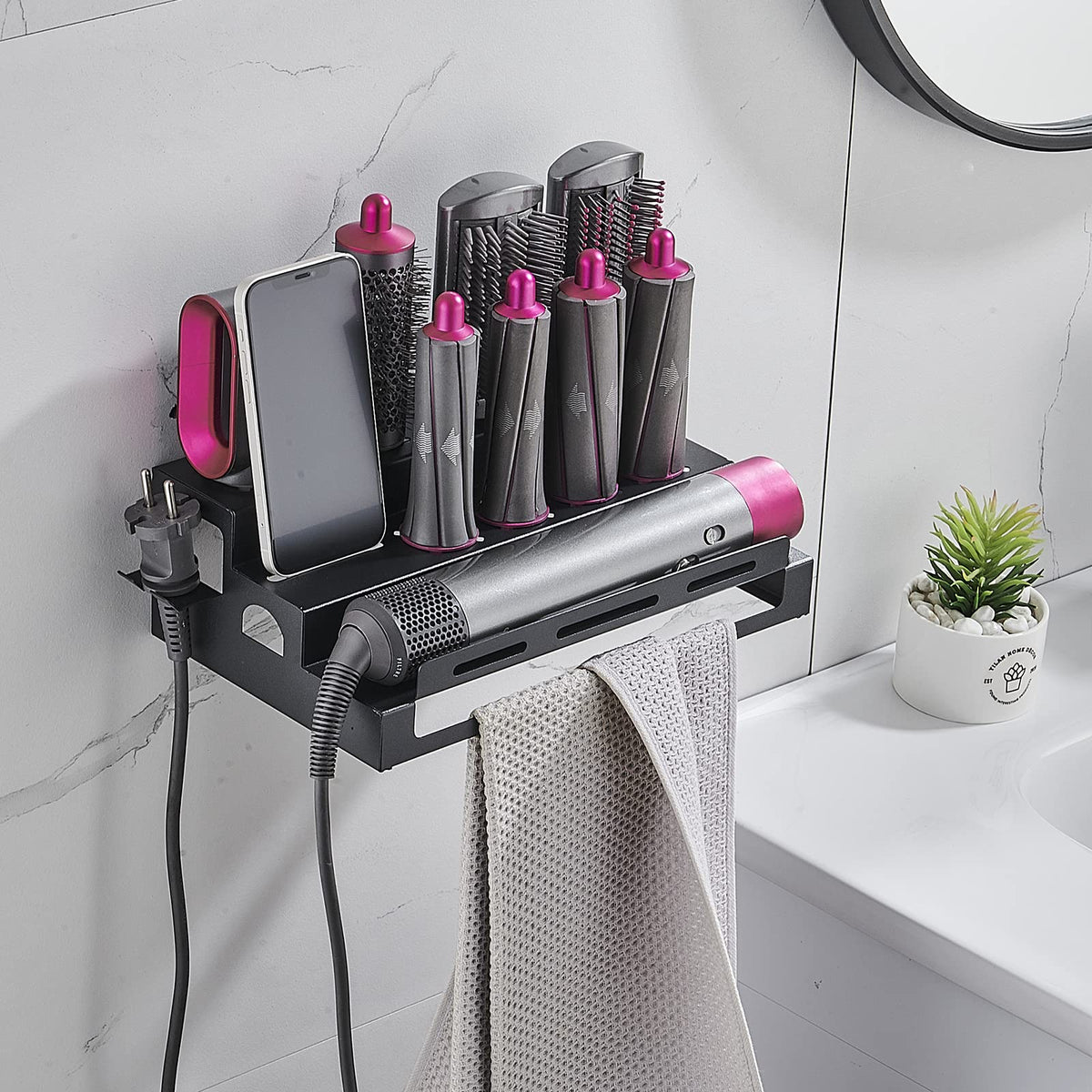 Hosoncovy Metal Wall Mount Holder Organizer Stand Storage Rack with Towel Holder Tabletop Organizer for Dyson Airwrap Styler and Brushes Black