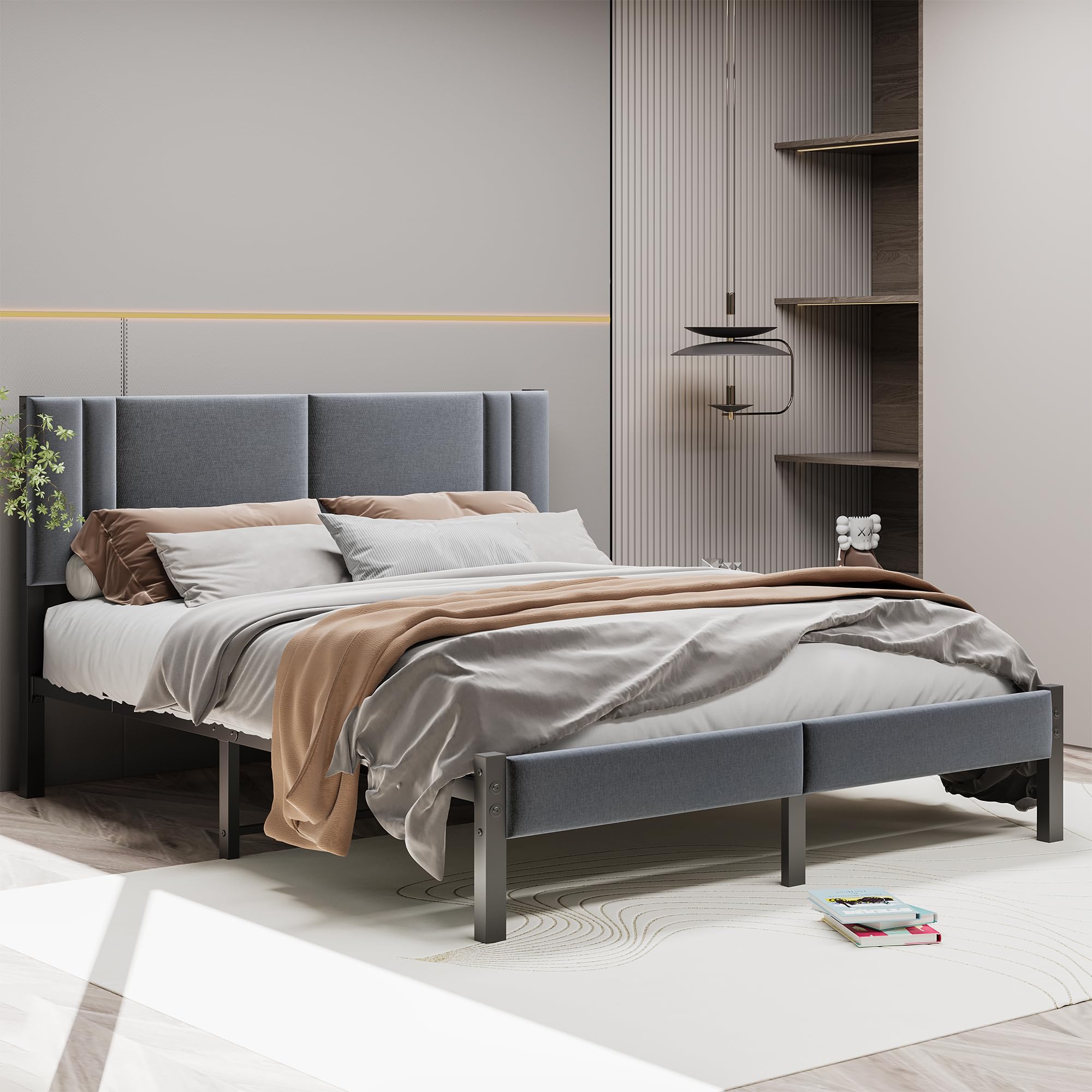 HAHRIR King Size Upholstered Platform Bed Frame with Storage, Dark Grey