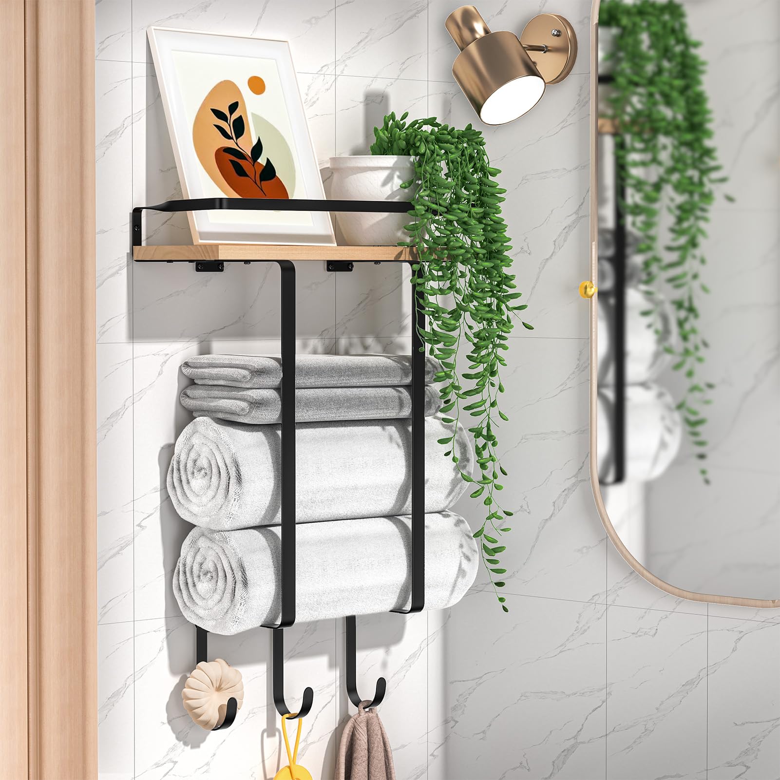 PENGARO Wall Mounted Towel Rack with Pine Wood Shelf and 3 Hooks