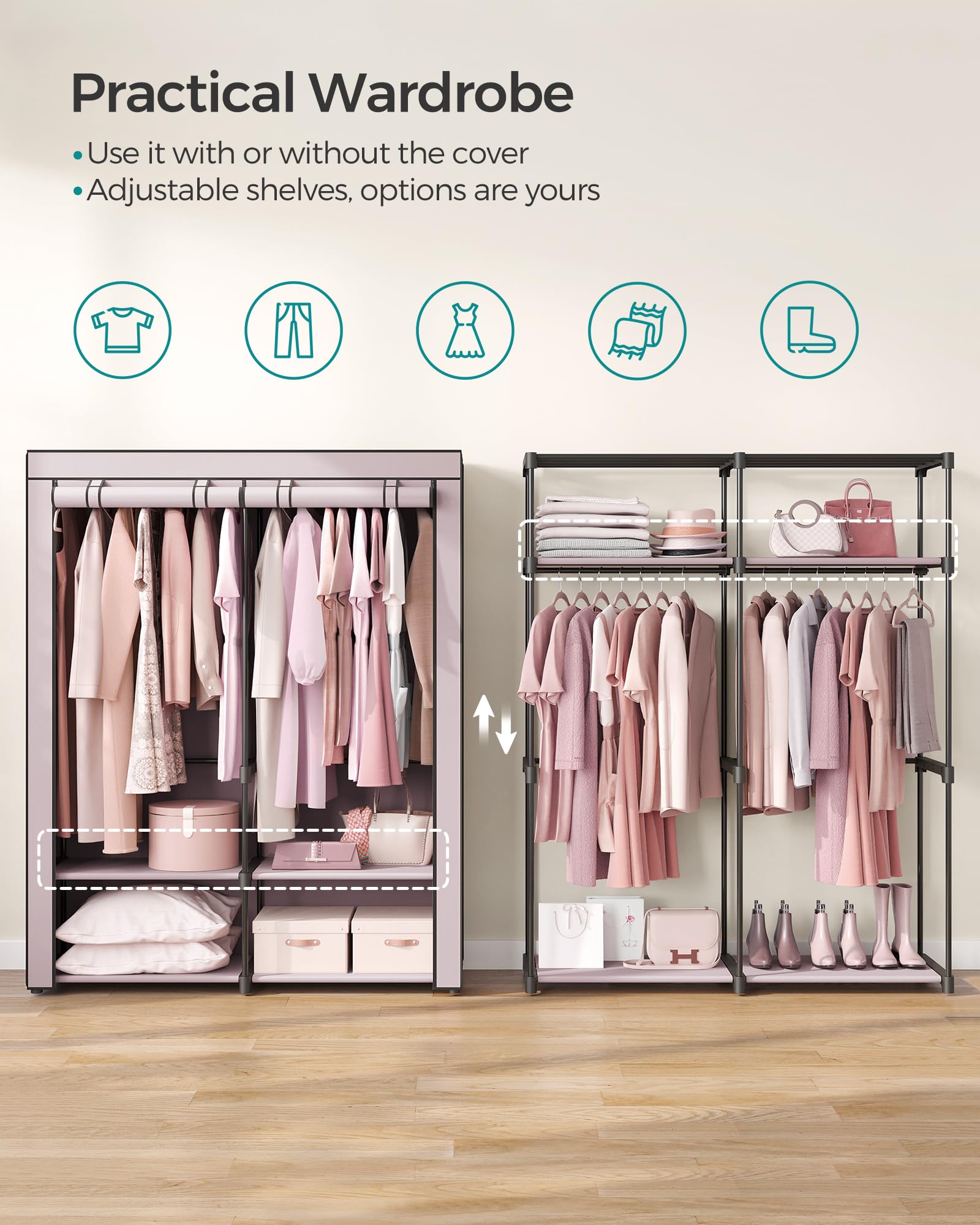 SONGMICS Portable Fabric Wardrobe – Collapsible Clothes Rack, Lavender Purple