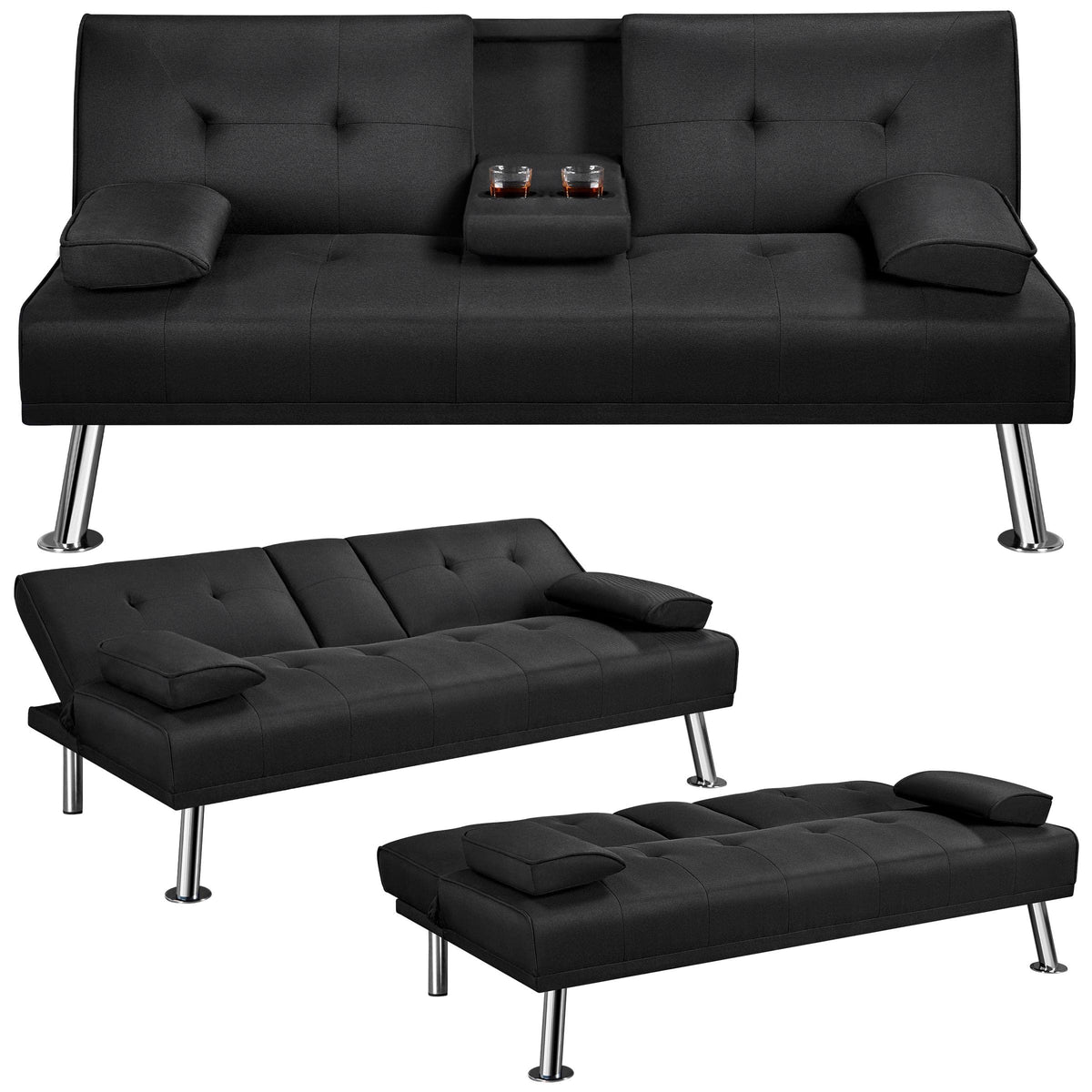 Yaheetech Black 3-in-1 Convertible Sofa Bed with Cup Holder Adjustable Back - image 1