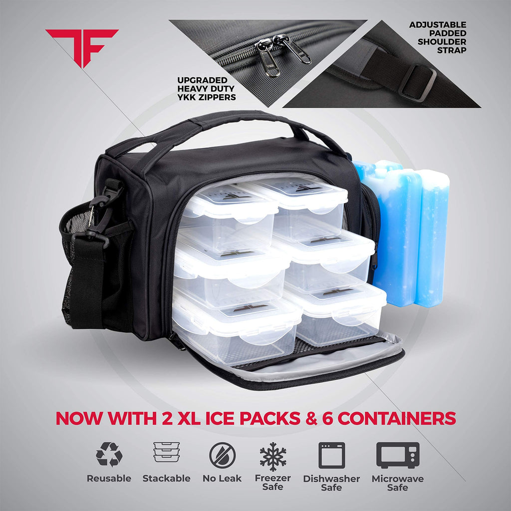 ThinkFit Insulated Meal Prep Lunch Box - 6 Containers & Shaker Cup - Black