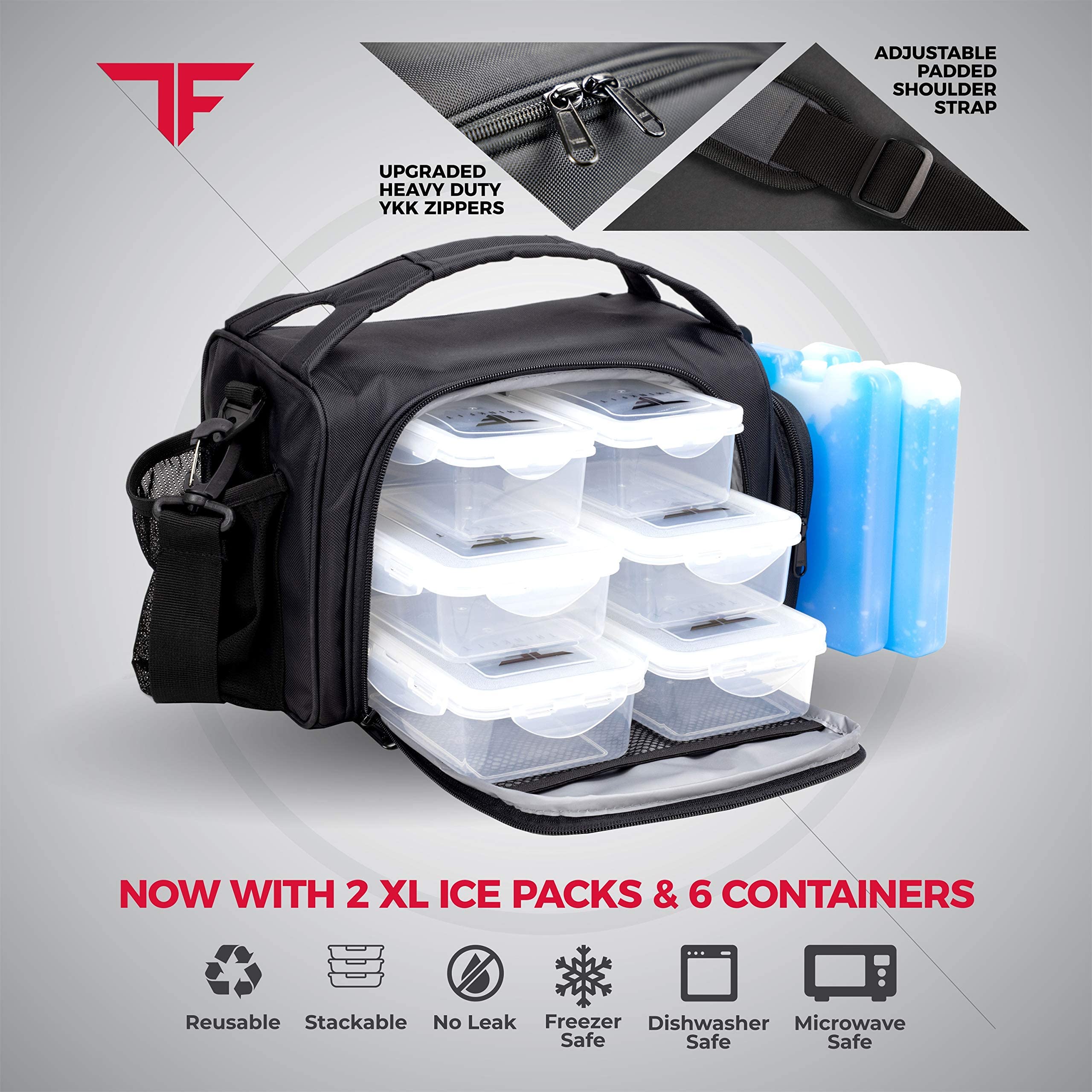 ThinkFit Insulated Meal Prep Lunch Box - 6 Containers & Shaker Cup - Black