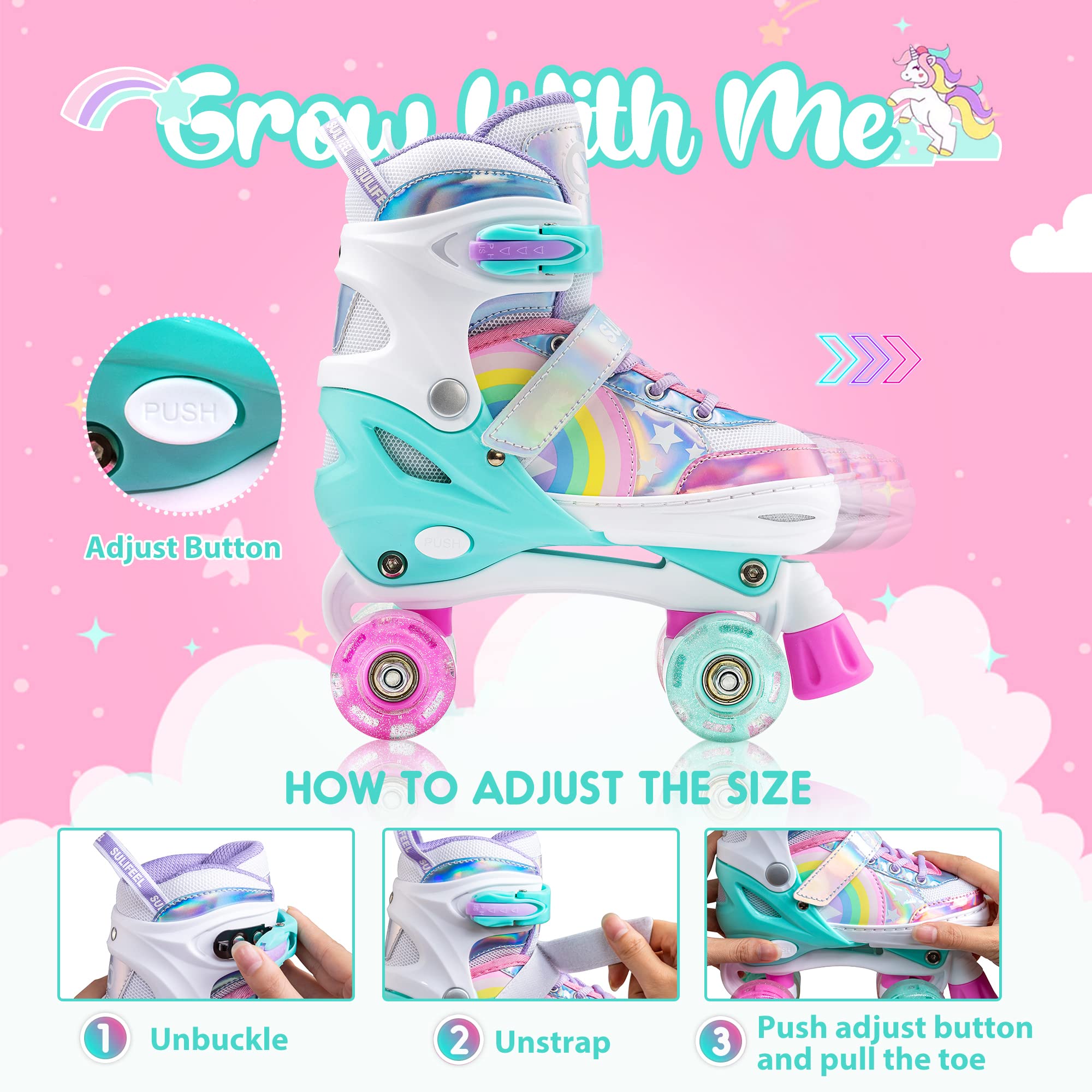 SULIFEEL Rainbow Unicorn Light Up Roller Skates – Adjustable Size 2-5 UK