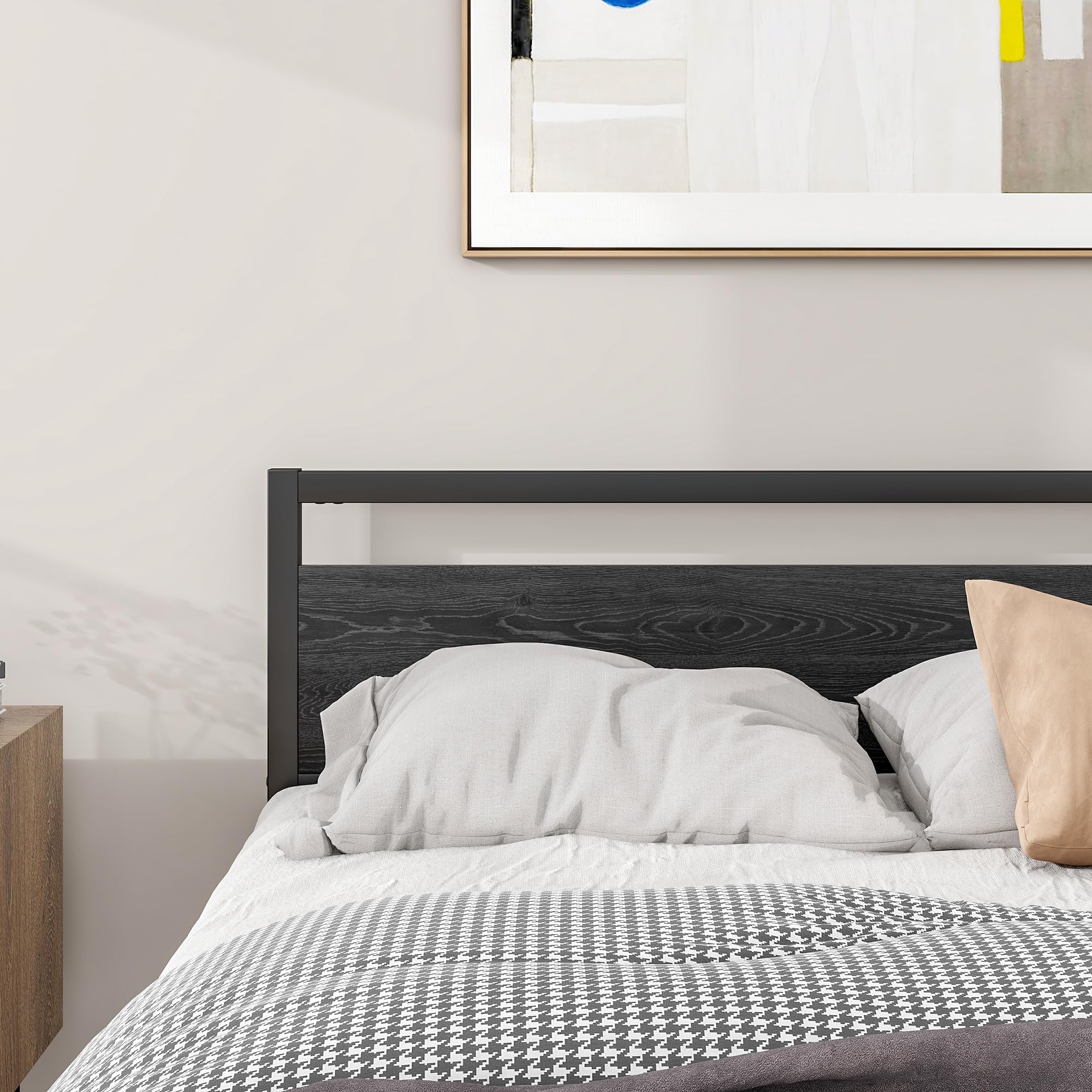 BOFENG 4ft6 Double Bed Frame | Heavy Duty Metal Platform with Wood Headboard