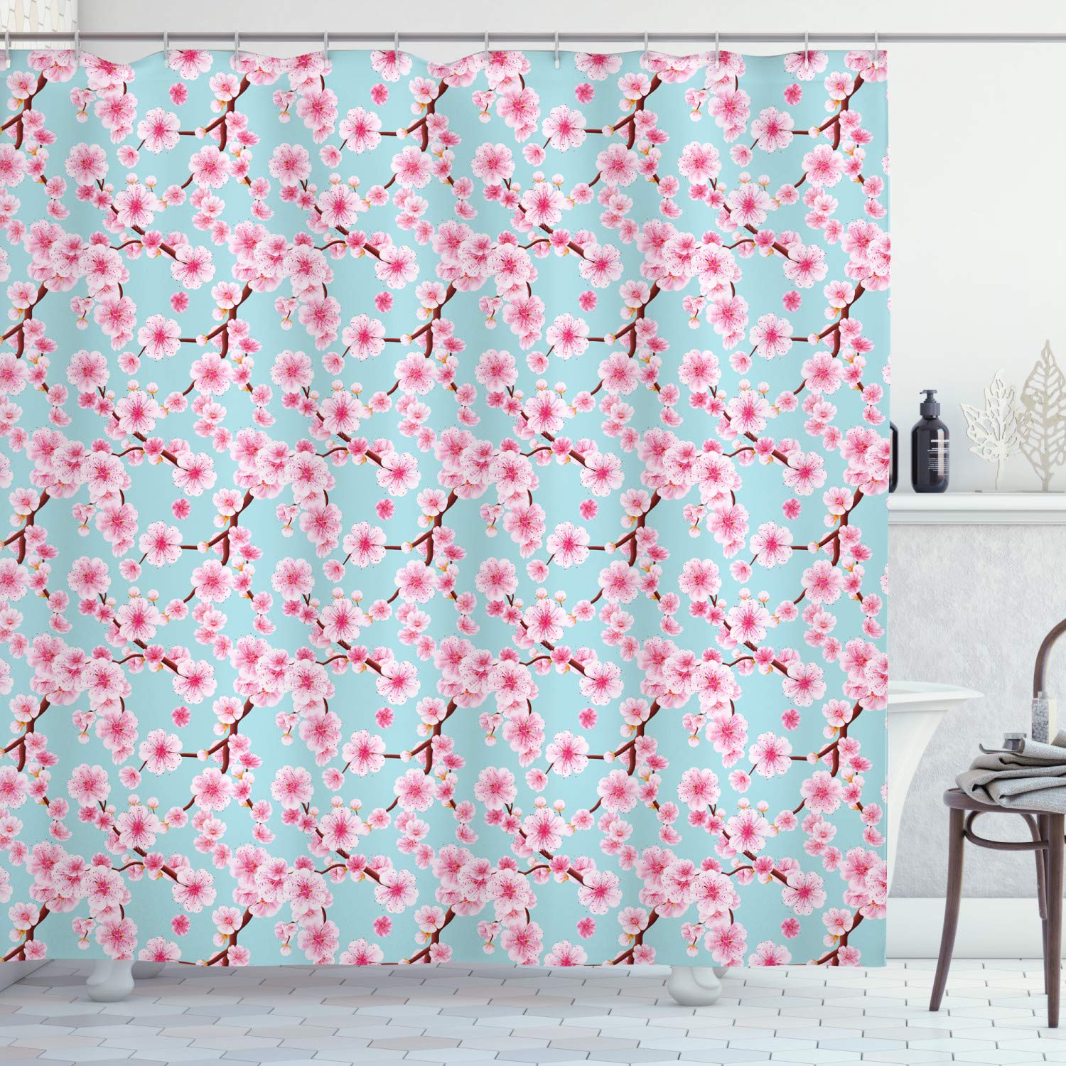 ABAKUHAUS Cherry Blossom Shower Curtain | Waterproof Fabric Bathroom Decor
