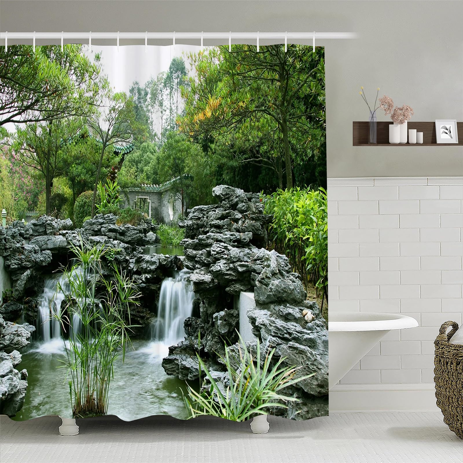 Simpomsy Japanese Garden Shower Curtain | Waterproof 3D Polyester