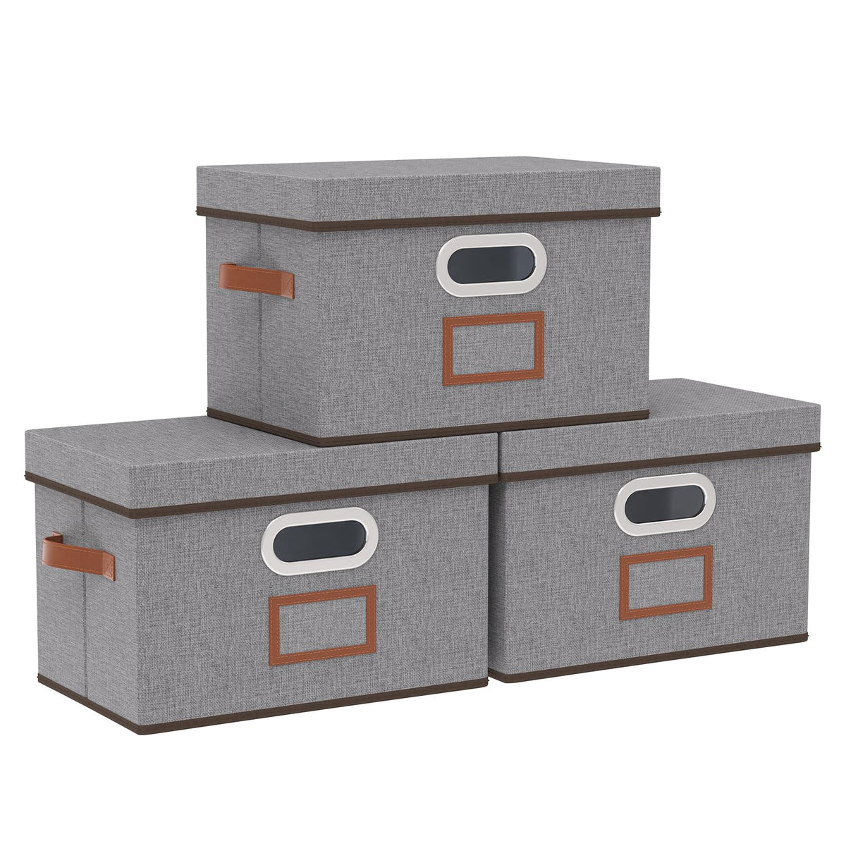 OUTBROS Storage Boxes, Fabric Baskets with Lids, 38x25x25cm, Grey, 3-Pack - image 1