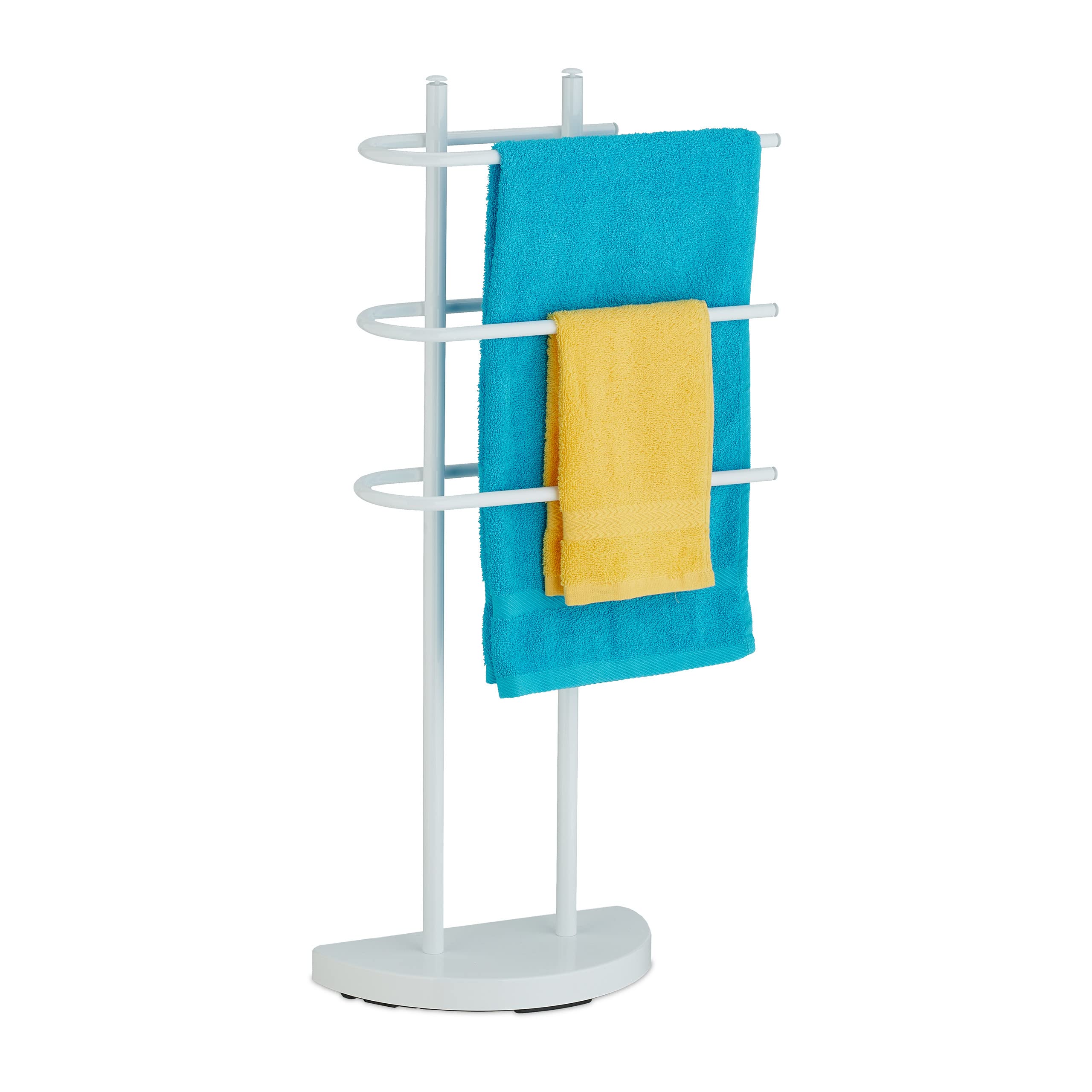 Relaxdays 3-Rail Standing Towel Rack | White Metal Bathroom Holder