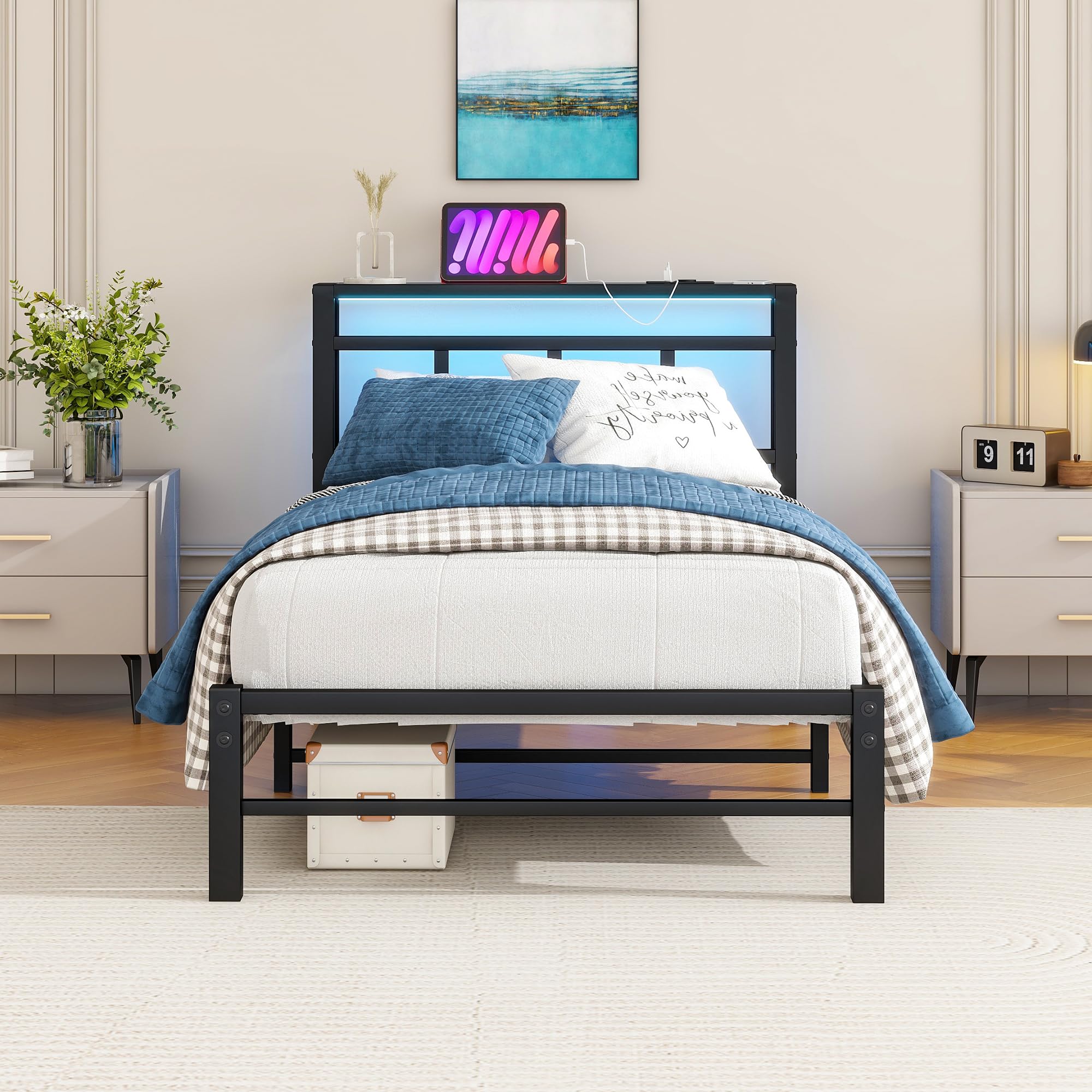 VECOCHO 3ft Single Metal Bed Frame with LED Storage Headboard & USB