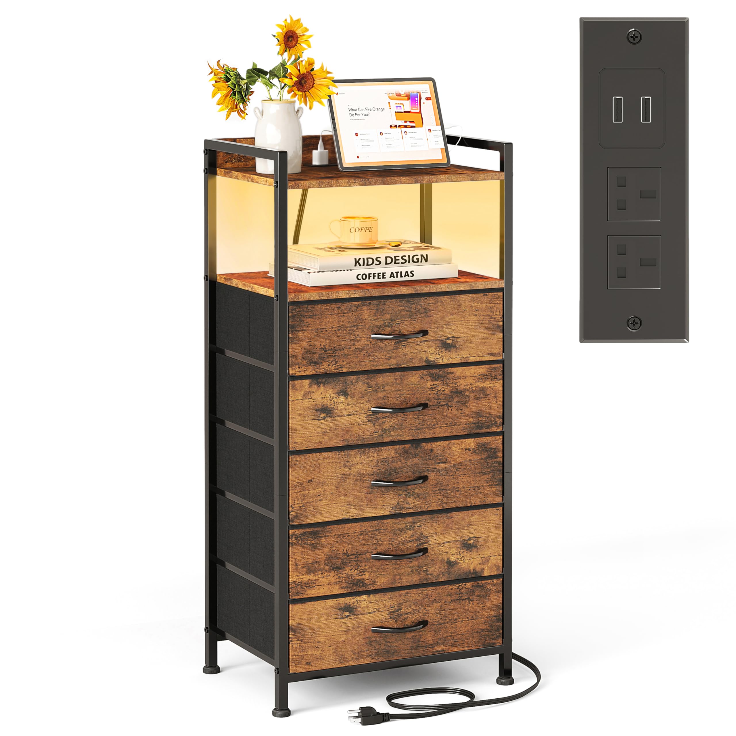 MUTUN Bedside Table with Charging Station, LED Lights & 5 Drawers