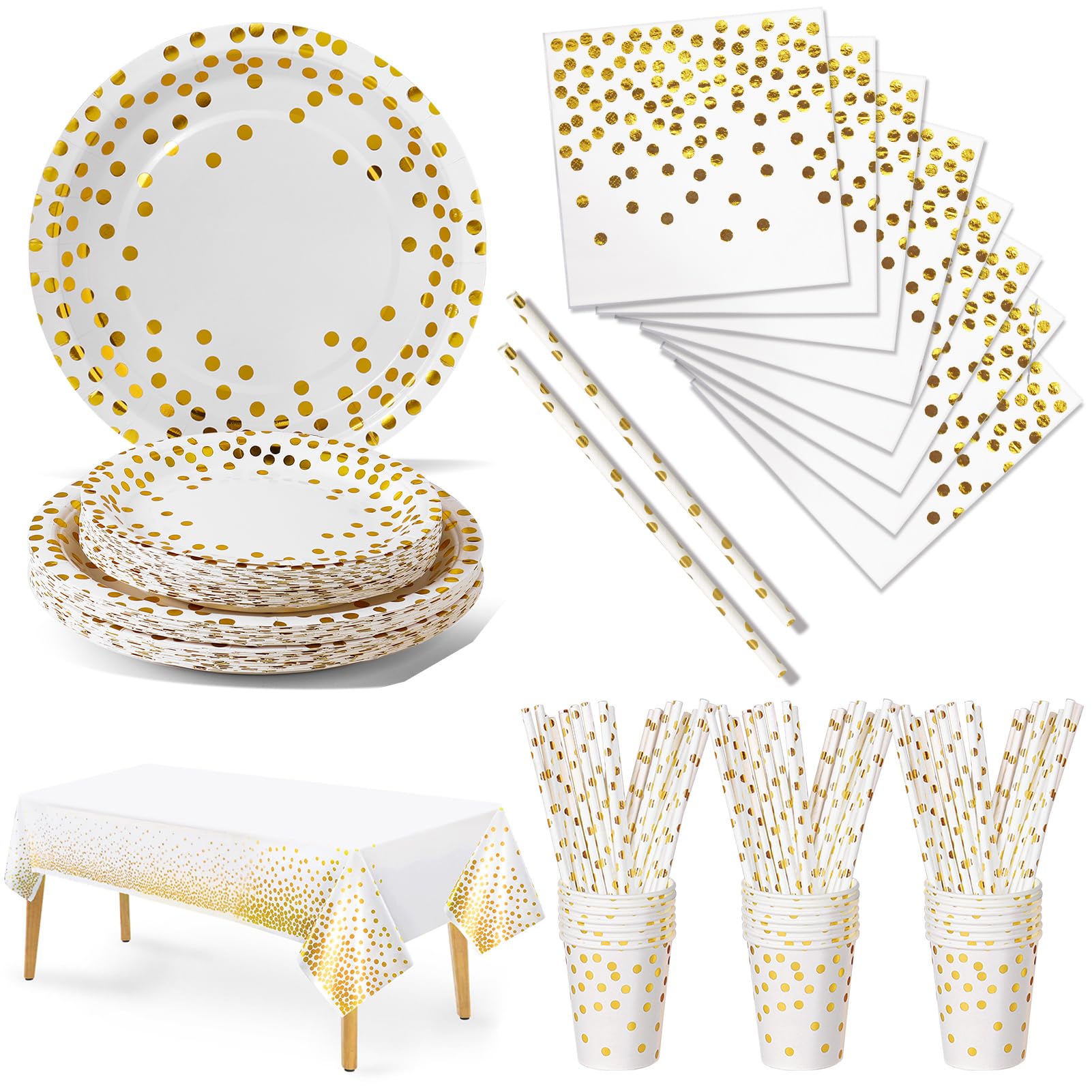 Nkaiso White and Gold Paper Tableware Set - 126 Piece Party Supplies Kit