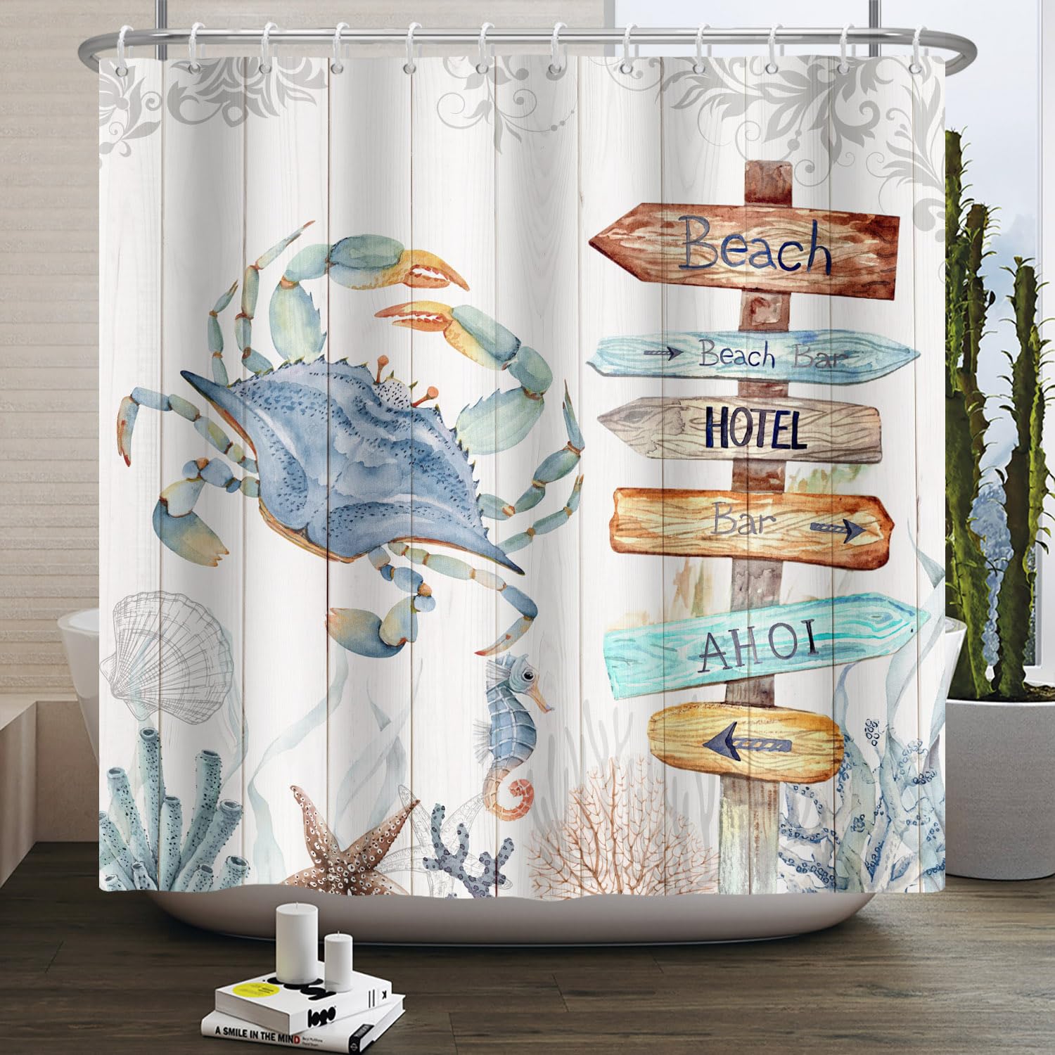 Coastal Cartoon Shower Curtain – Waterproof Polyester, 152x183cm