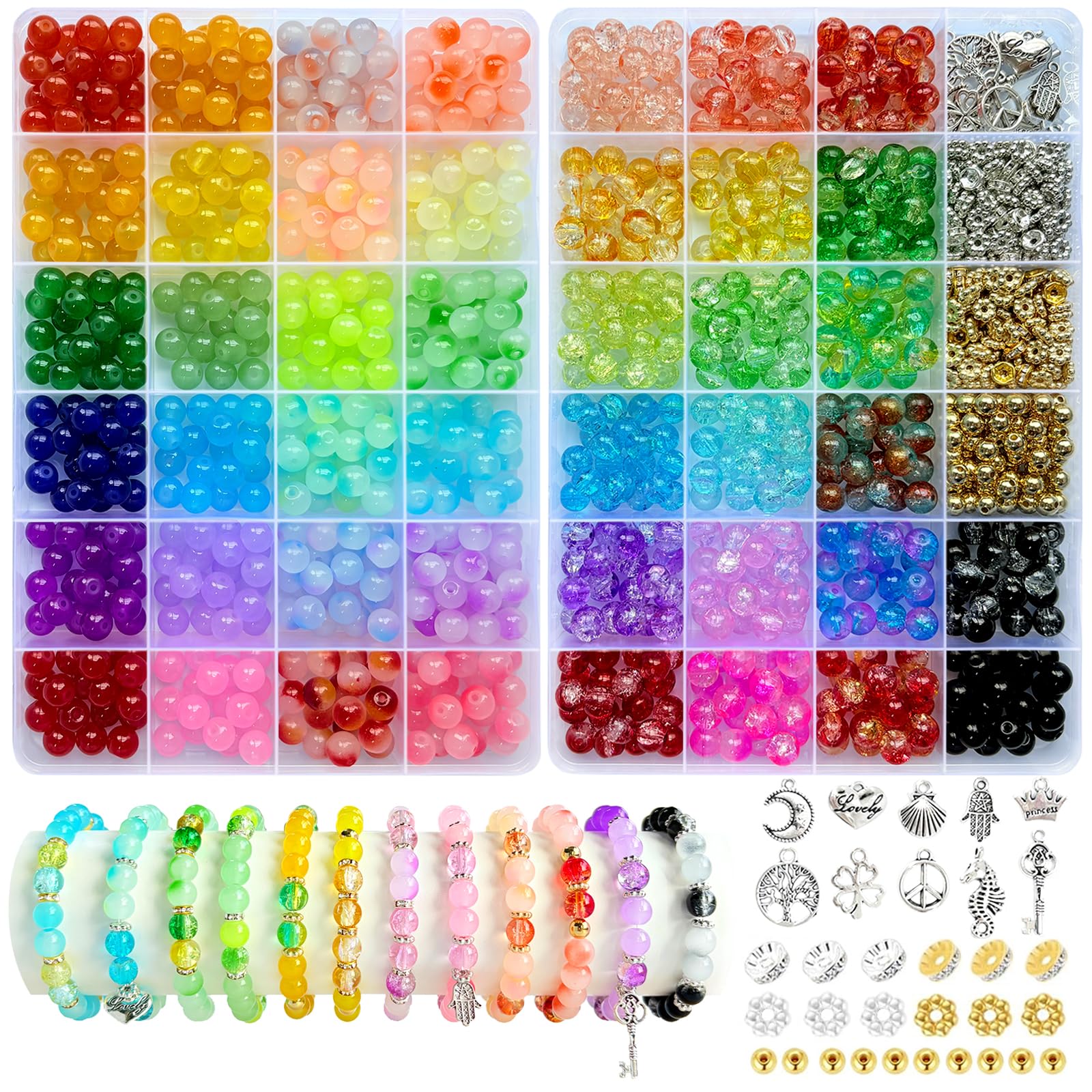 MATVHRUI 1200Pcs Glass Beads for Bracelet Making | 44 Colors 8mm DIY Kit