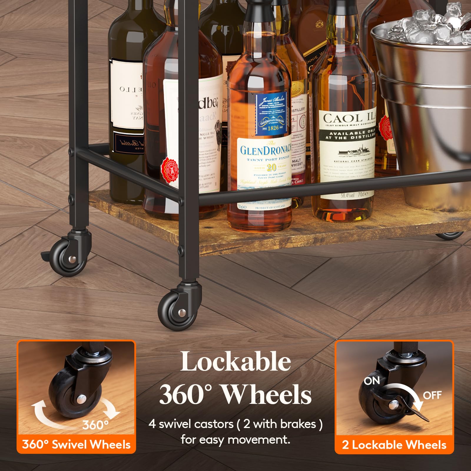 Lifewit 3-Tier Rolling Bar Cart | Rustic Brown Metal Serving Trolley