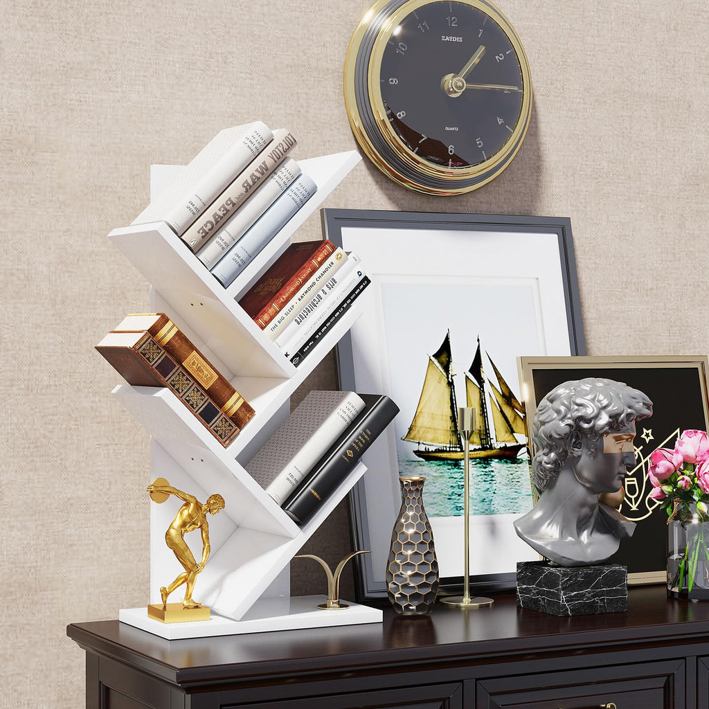 YMYNY 4-Tier Tree Bookshelf | Modern Wood Narrow Display Rack, White