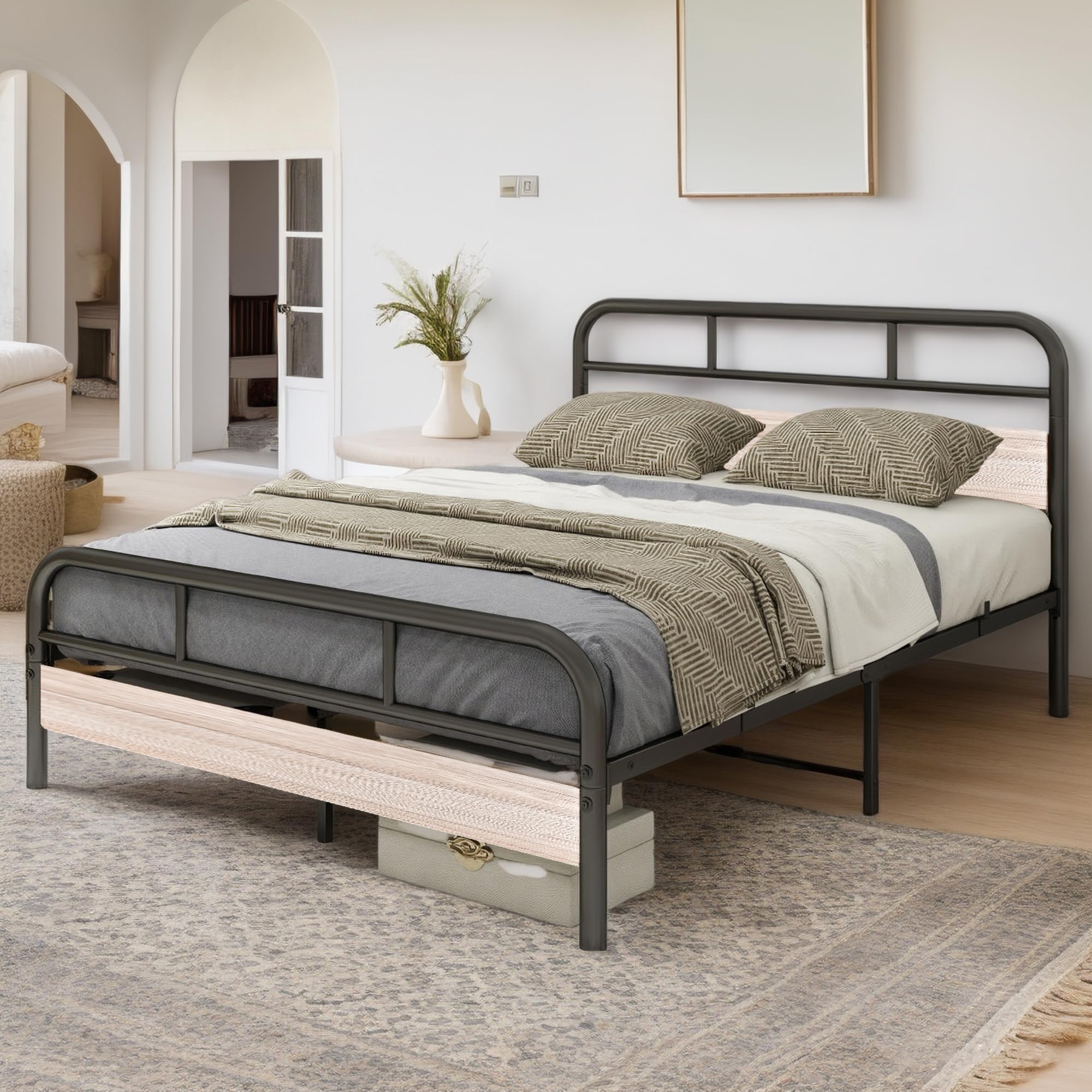 Diahomy 4ft6 Double Bed Frame – Metal Platform with Wooden Headboard