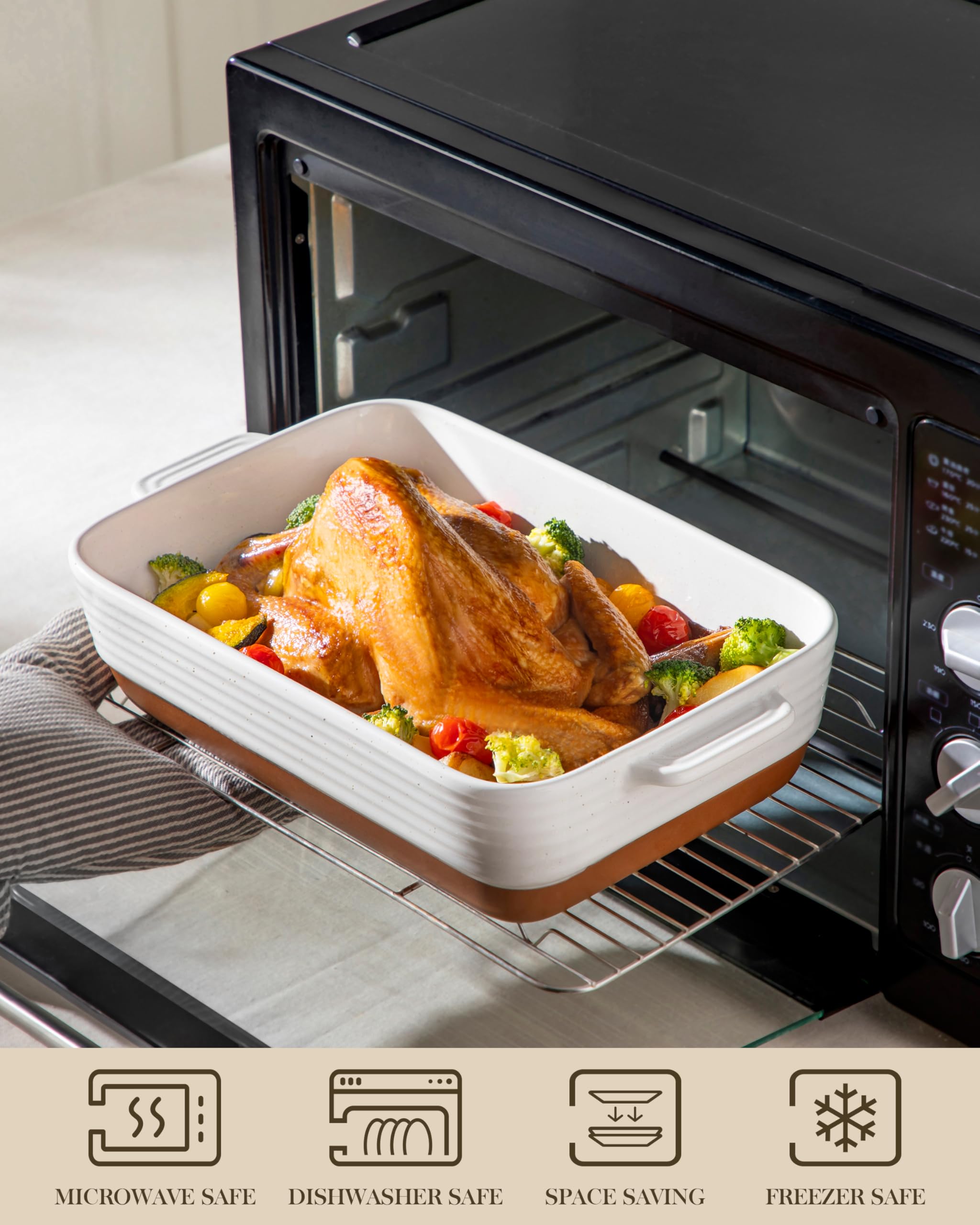 MALACASA Ceramic Casserole Dishes - 3-Piece Rectangular Baking Pan Set, Khaki