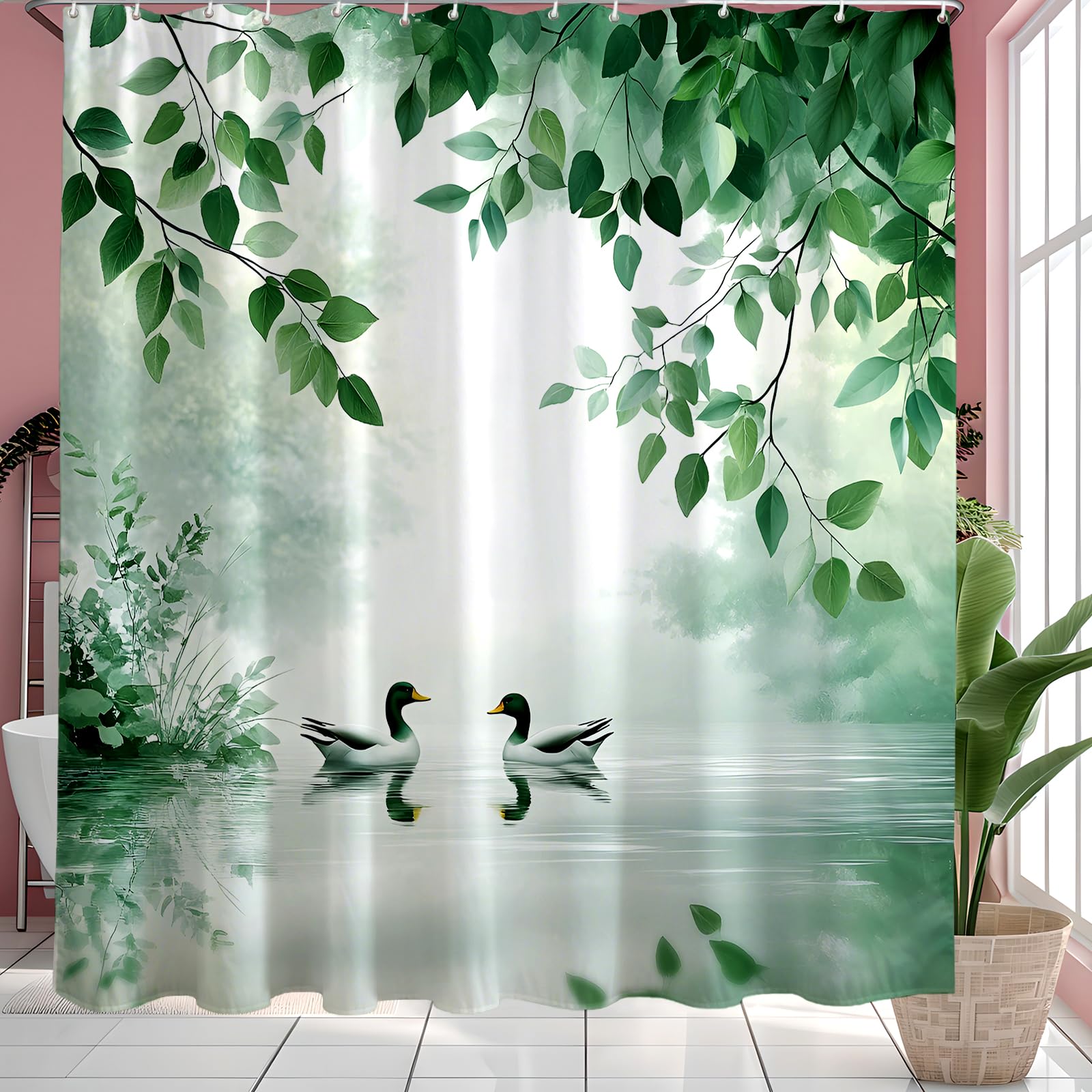 GXUNNAA Green Leaf Shower Curtain | Washable Polyester Fabric | 200x200cm