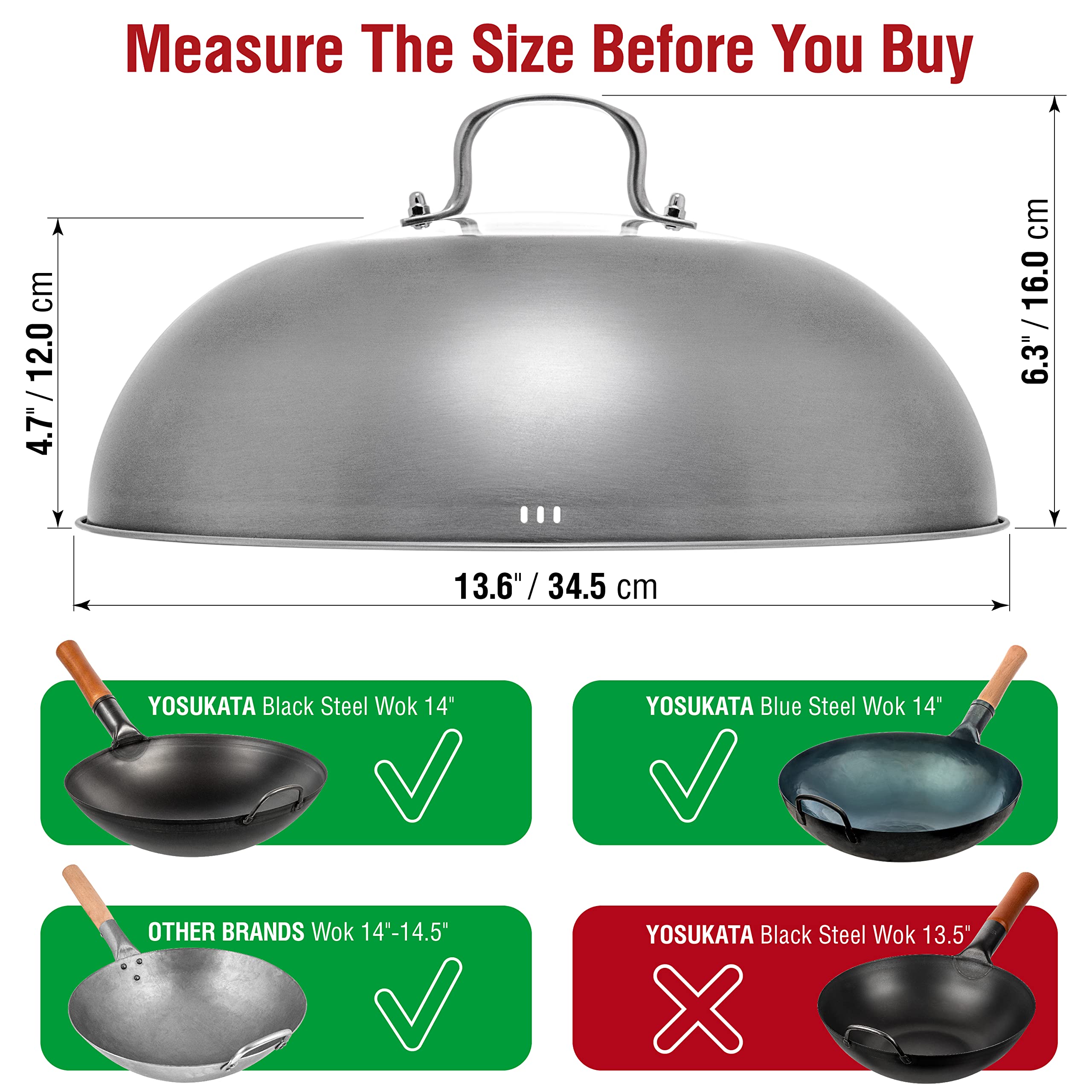 Yosukata Wok Lid 34.5cm – Stainless Steel Pan Cover with Tempered Glass