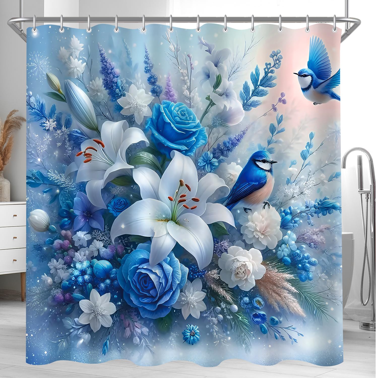 Lerores Blue Bird Shower Curtain | 180x200cm Anti-Mould Weighted Hem