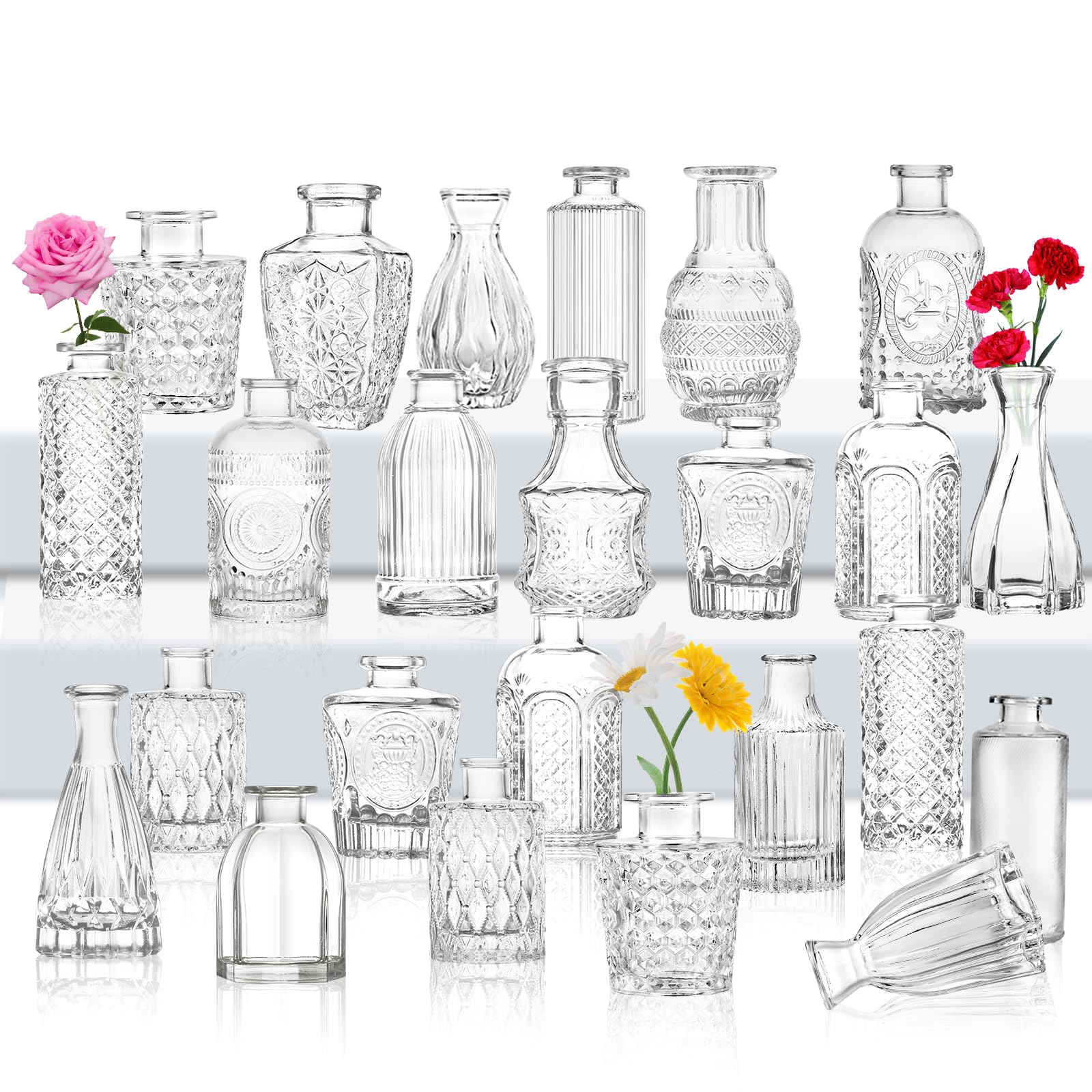 Glass Bud Vase Set of 24 | Clear Vintage Embossed Flower Vases