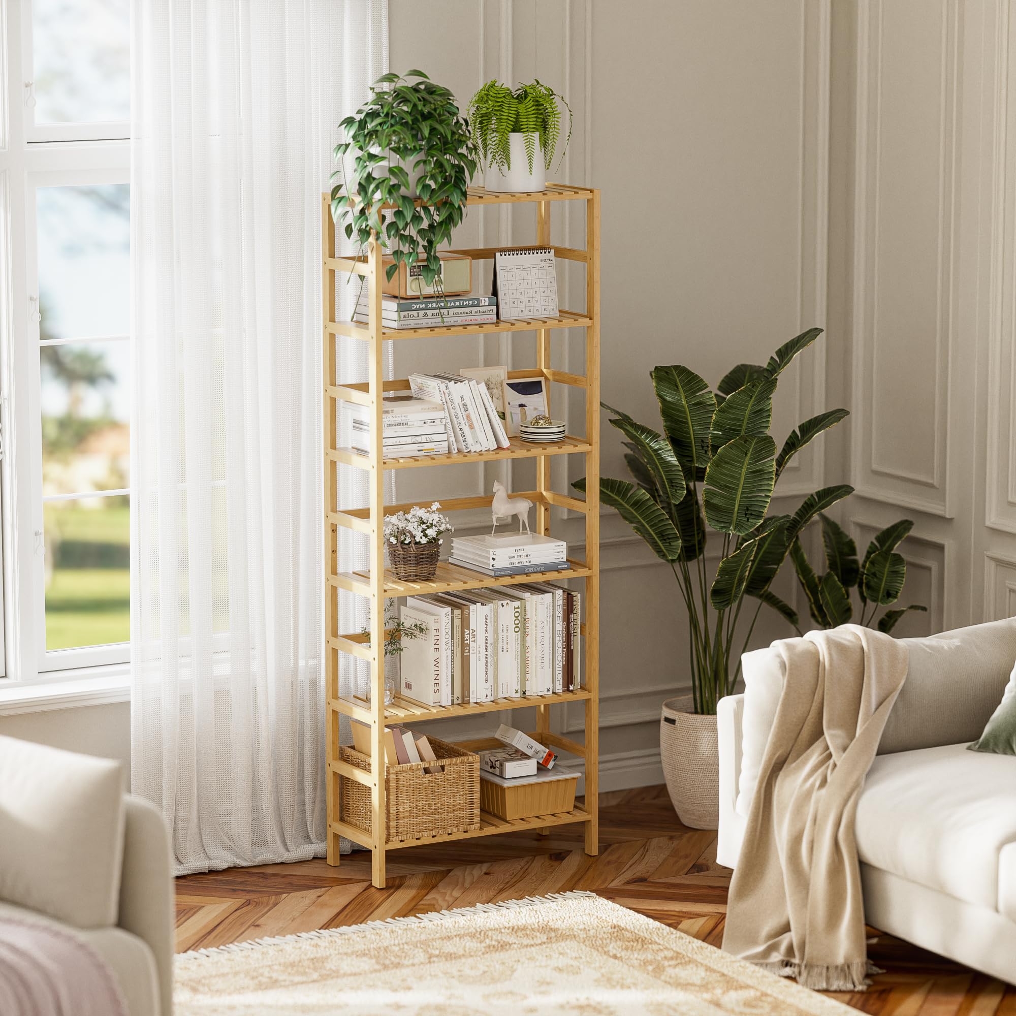 HITNET 6-Tier Bamboo Bookcase – Adjustable Tall Storage Shelf & Plant Stand