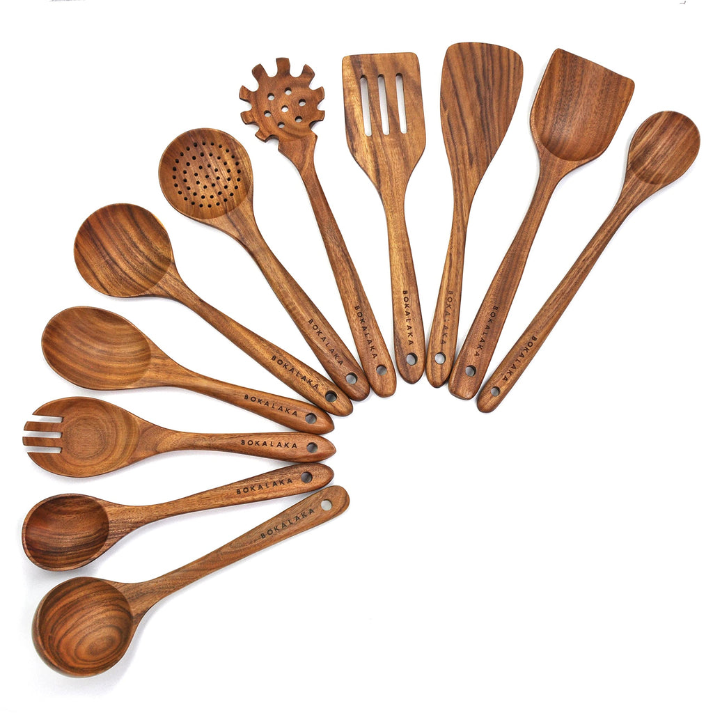 BOKALAKA 11 Pcs Natural Teak Wooden Kitchen Utensils Set for Nonstick Pans