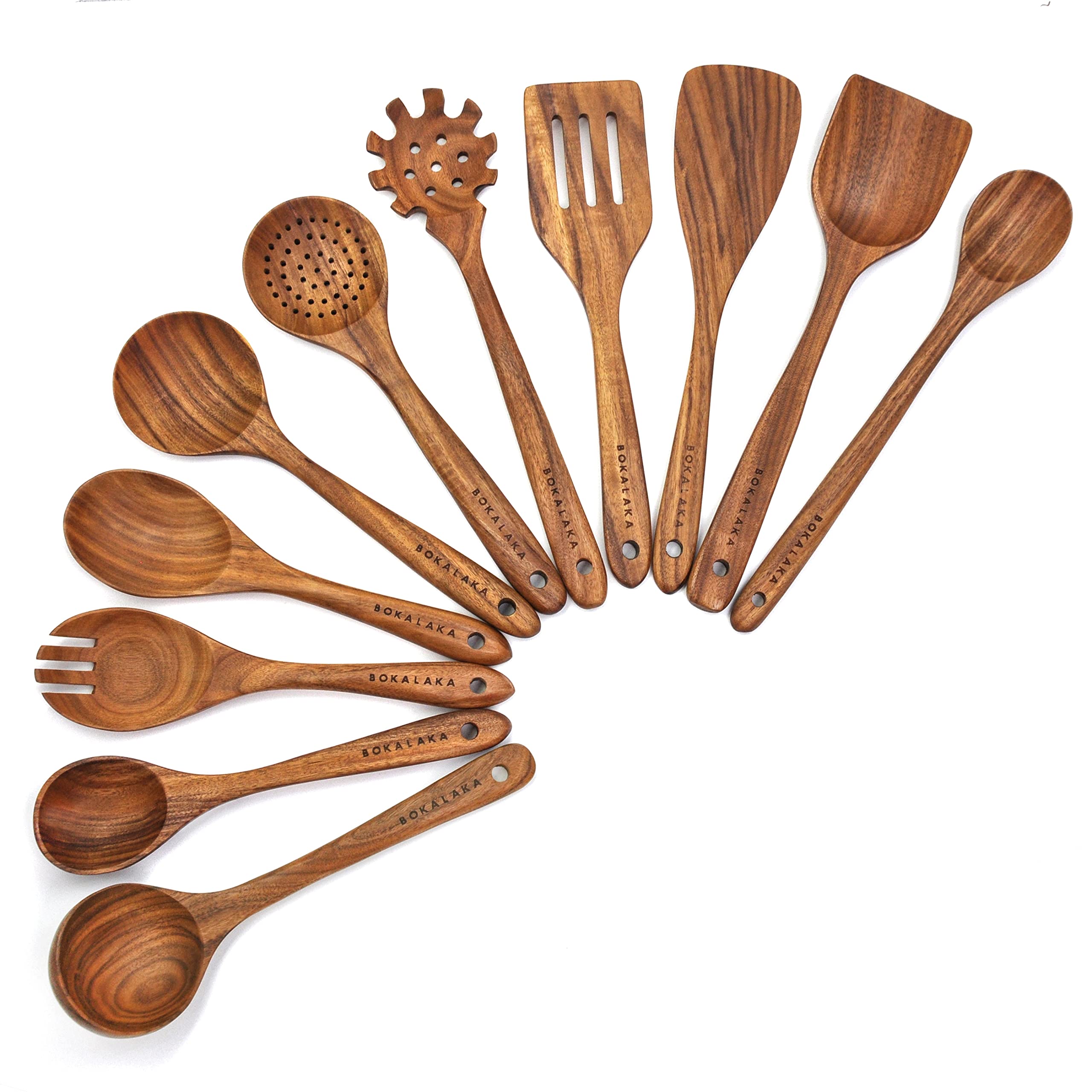 BOKALAKA 11 Pcs Natural Teak Wooden Kitchen Utensils Set for Nonstick Pans