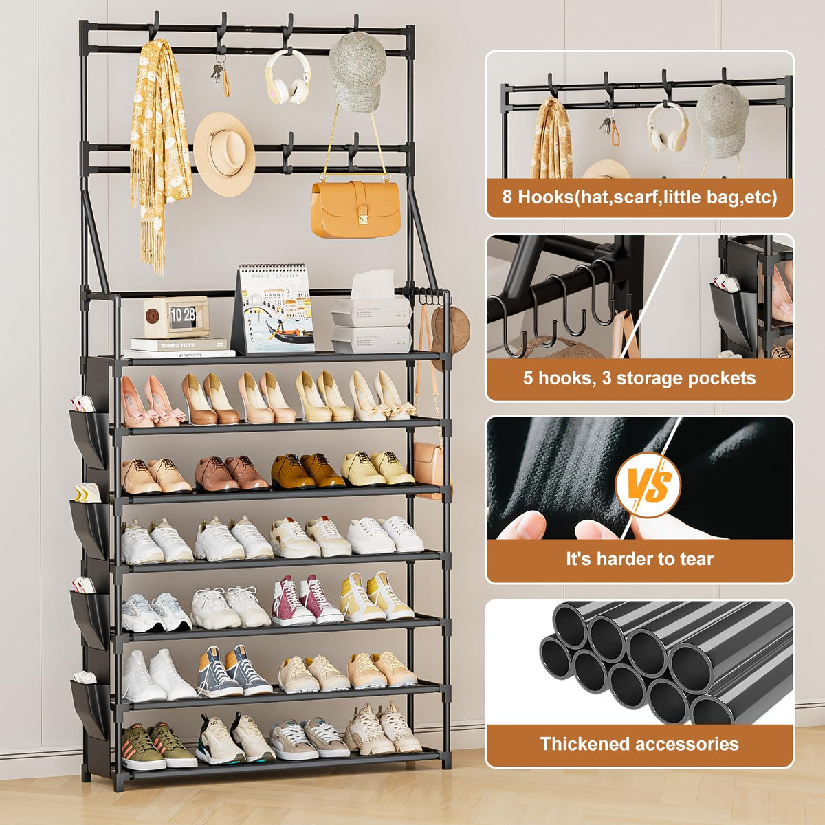 OYREL 7 Tier Shoe Rack with 8 Hooks & 4 Side Pockets for 28-35 Pairs Shoes - image 5
