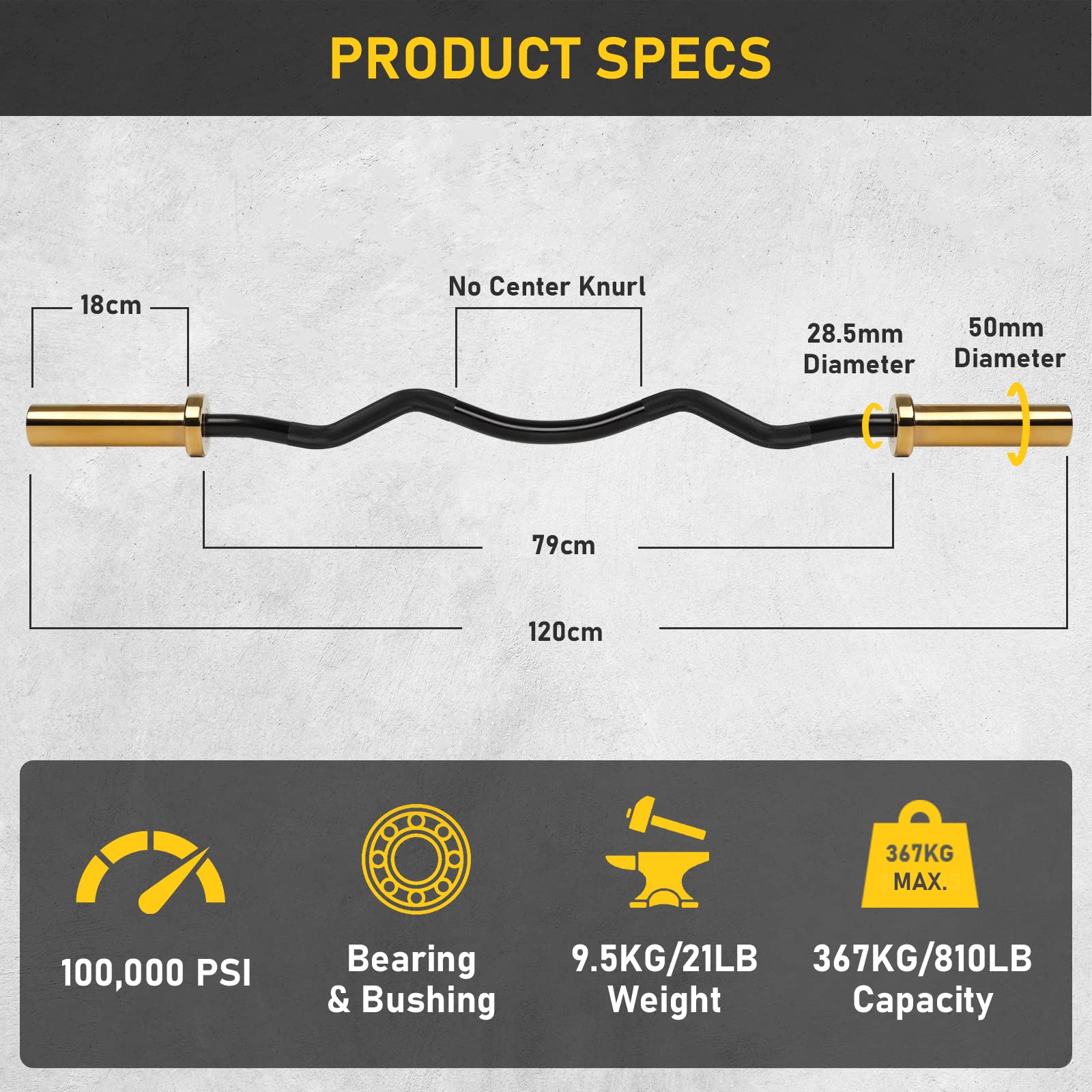 PhysKcal 1.2m Super EZ Curl Olympic Bar for 50mm Plates - Gold & Black