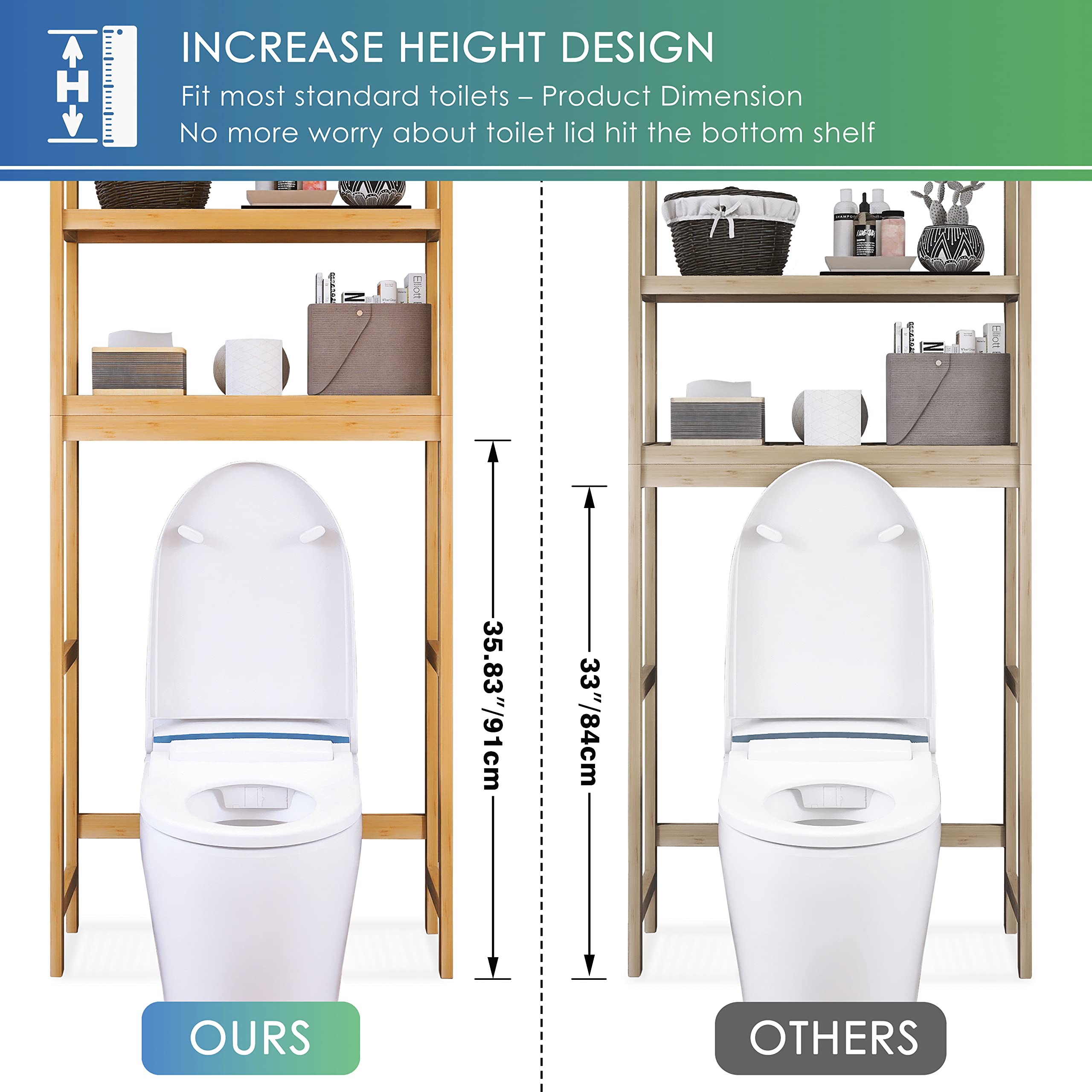 SMIBUY Bamboo Over-The-Toilet Storage Rack – 3-Tier Adjustable Shelf, Natural